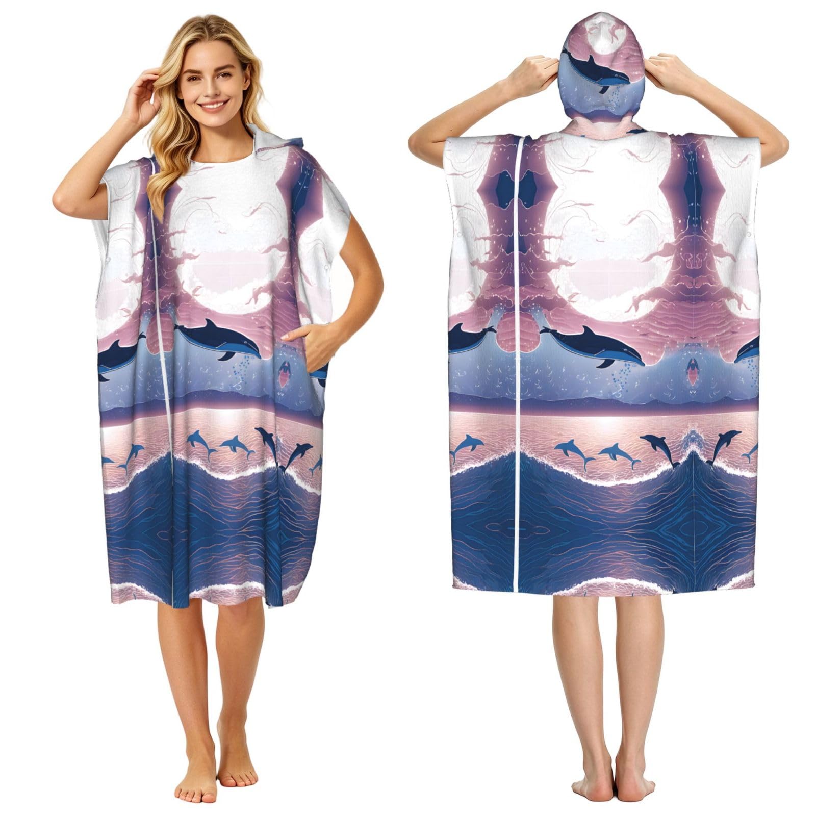 EZDLOWVBA Dolphins In Love Print Hooded Poncho Microfiber Beach Towel,Adult Women & Men Changing Robe,Lightweight Summer Surf Swim Bath Poncho Towel