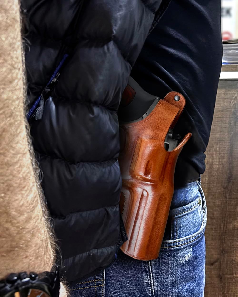 Masc Premium Leather OWB Paddle Holster with Thumb Break Fits Model 686 6RD 4-inch, Right Hand Draw, Brown Color #1095#