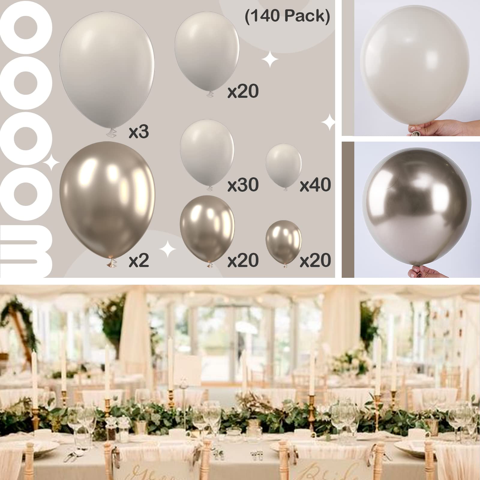PartyWoo 140 pcs White Sand Balloon Garland - Pack of White & Champagne Gold Balloons for Birthday & Baby Shower Decorations