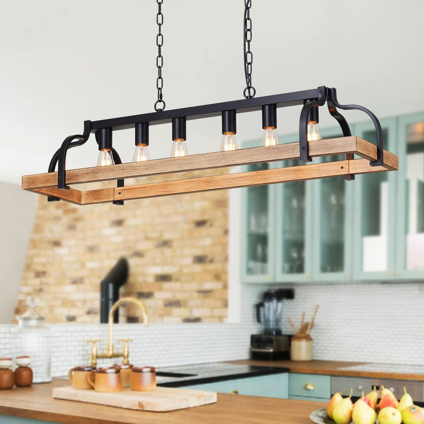 Photo 1 of WUZUPS 6-Light Metal Pot Hanging Rack Chandelier Imitation Light Wood Grain Linear Pendant Ceiling Lighting Rustic Farmhouse Fixture Kitchen Island Dining Room, H 9.8" L 40.6" W11.8, E26 Base, Nickel Imitation Light Wood Grain, Nickel, 6 Lights