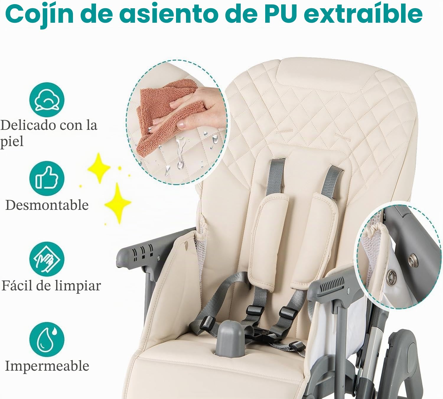LIFEZEAL Trona Plegable para Bebé 6 a 36 Meses con Asiento Infantil Ajustable 5 Alturas 2 Posiciones de Reclinado Bandeja de 3 Niveles Portátil con 2 Ruedas Color Beige Gris (Beige)