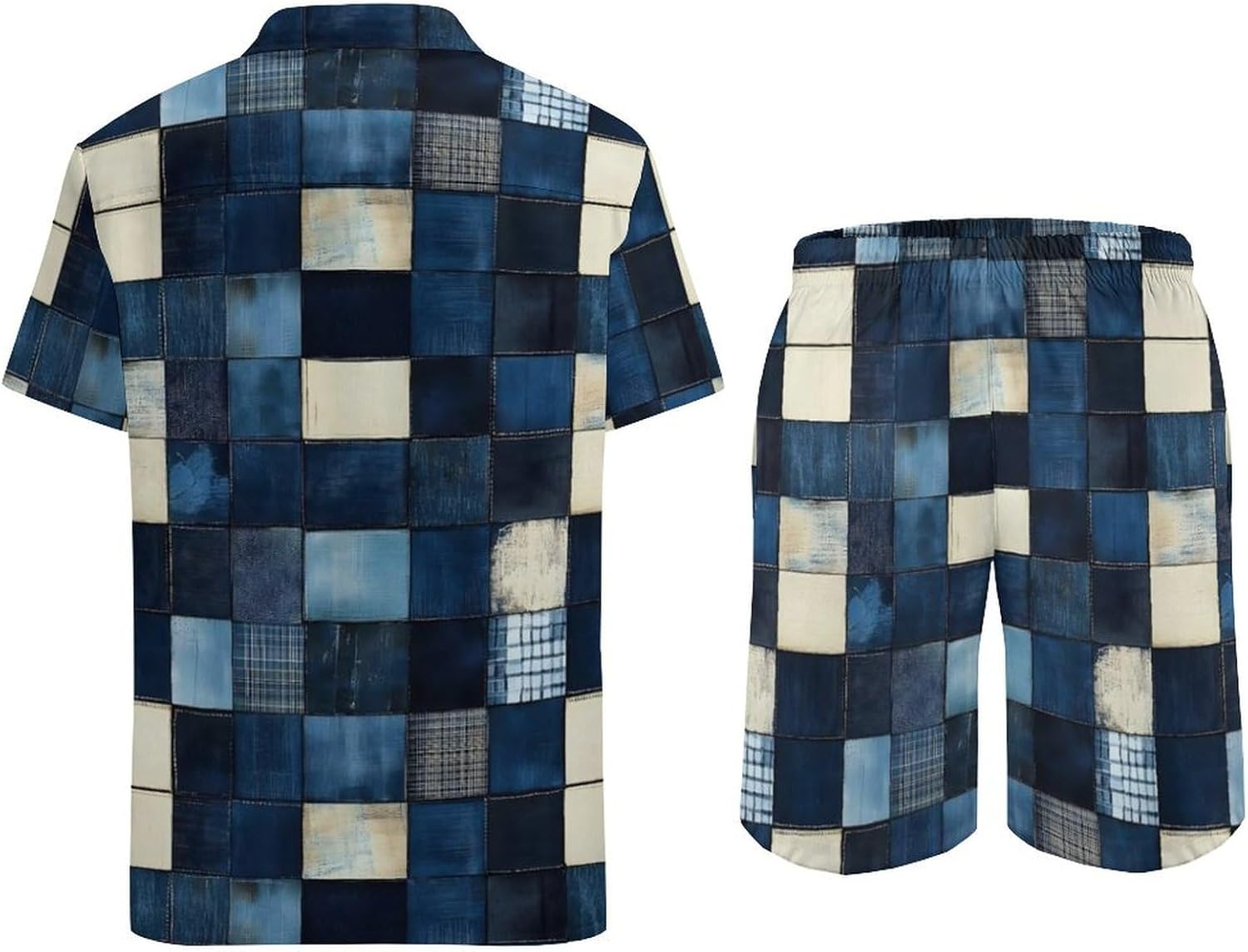 Retro Blue Plaid Print Mens Summer Vacation Cruise Beach Outfits 2 Piece Shorts Set Hawaiian Shirt & Shorts