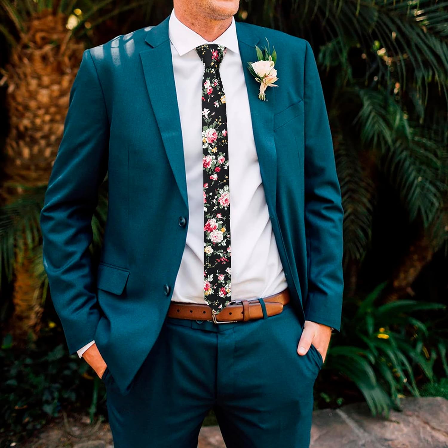 Mantieqingway Men's Cotton Printed Floral Neck Tie Skinny Tie Black Floral