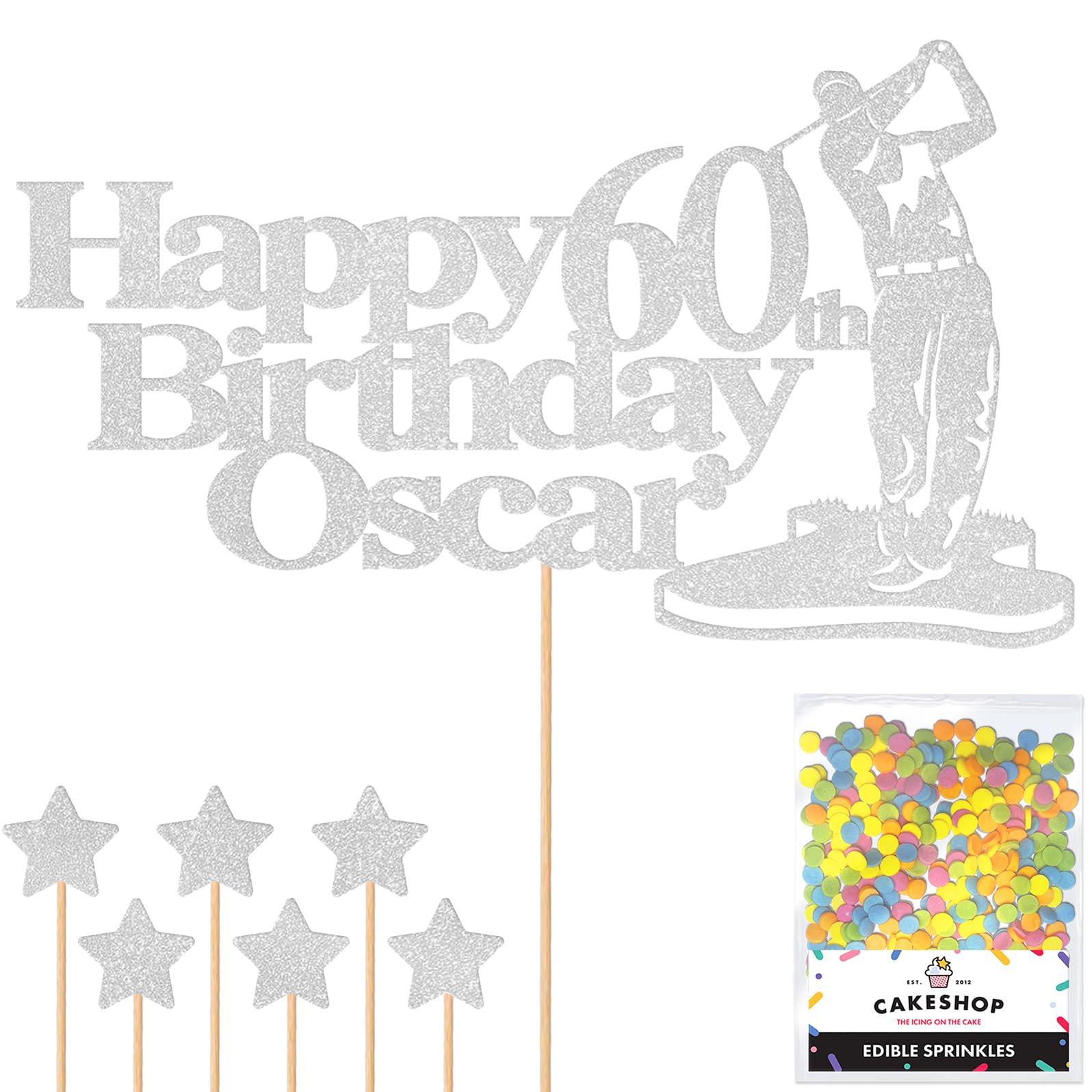 Personalised Golf Golfer Glitter Cake Topper - Light Silver Custom Age & Name Glitter Cake Decoration and Sprinkles - Happy Birthday Decorations - Personalised Toppers for Cakes by Cakeshop