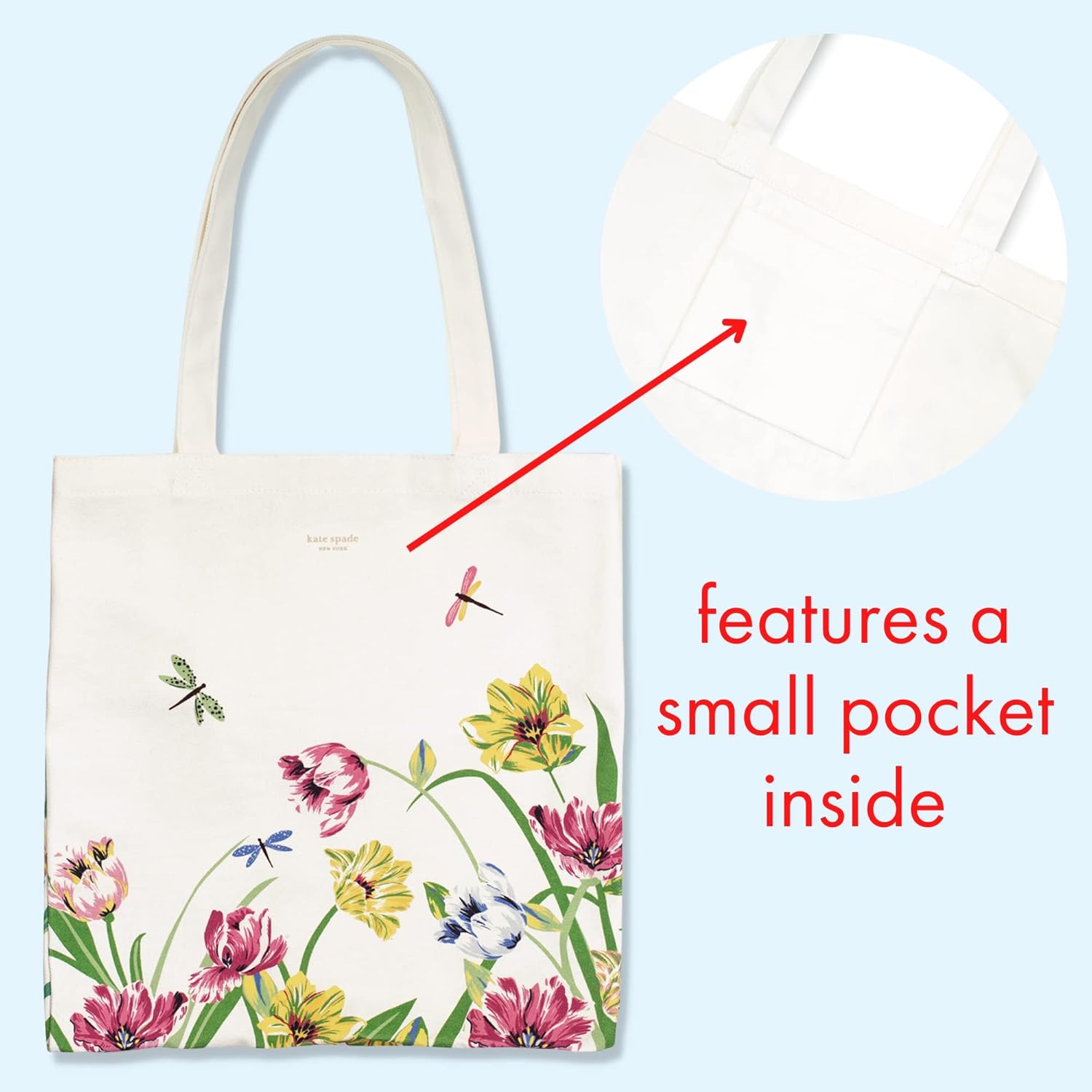 kate spade new york Canvas Tote Bag for Women, Cute Tote Bag for Work or Teacher, Canvas Beach Bag, Book Tote with Pocket, Dragonflies and Tulips - Image 4