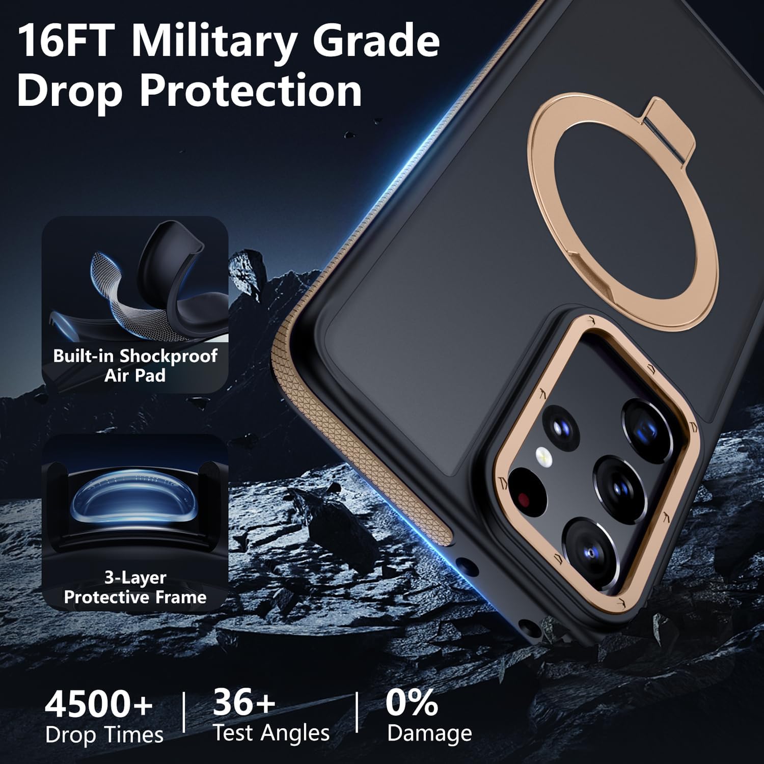 for Samsung Galaxy S21 Ultra Case, Magnetic Adjustable Ring Stand [Fit for Magsafe], [Military-Grade Shockproof Protection] Phone Case with Kickstand & Ring Holder (Desert Gold)