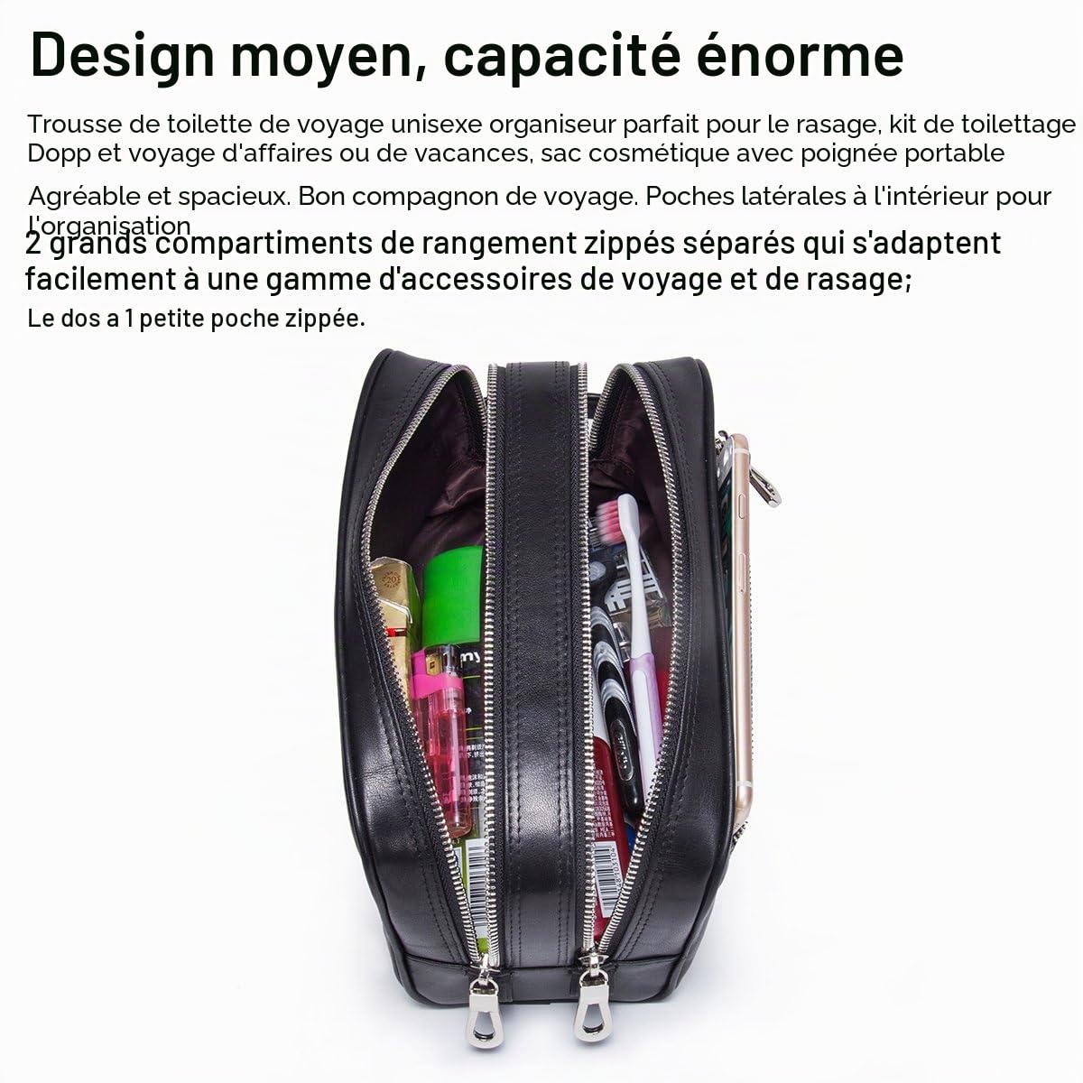 Contacts Homme Trousse de Toilette de Affaires Voyage en Cuir de Vache avec Grande Capacité Double Fermeture Éclair