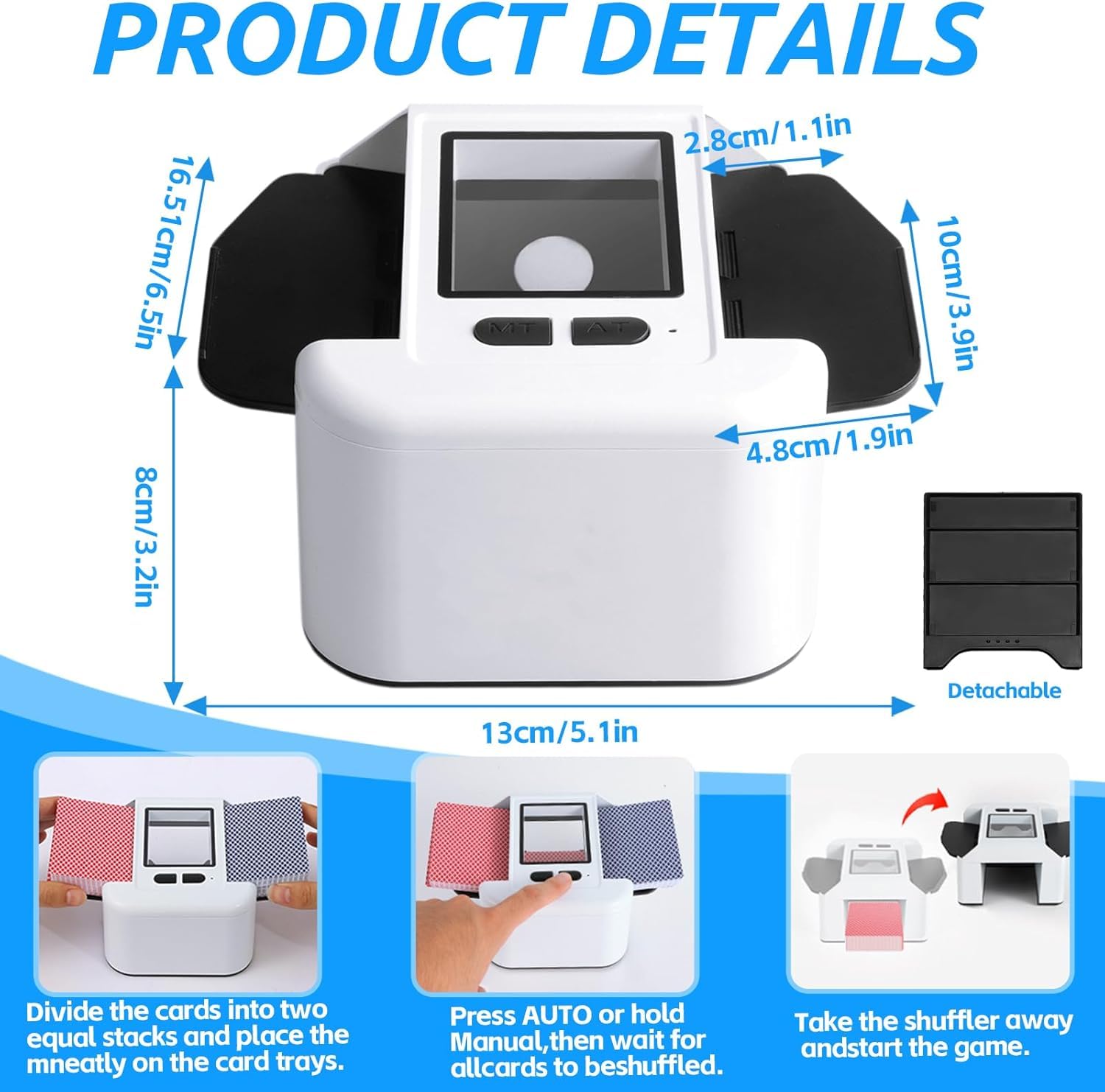 Miscelatore Automatico di Carte, Miscelatore Elettrico per 1-2 Mazzi di Carte, modalità Automatica e Manuale, Ricaricabile 2000 mAh, Portatile e Basso Rumore per Poker, Uno, Blackjack, Skip-BO