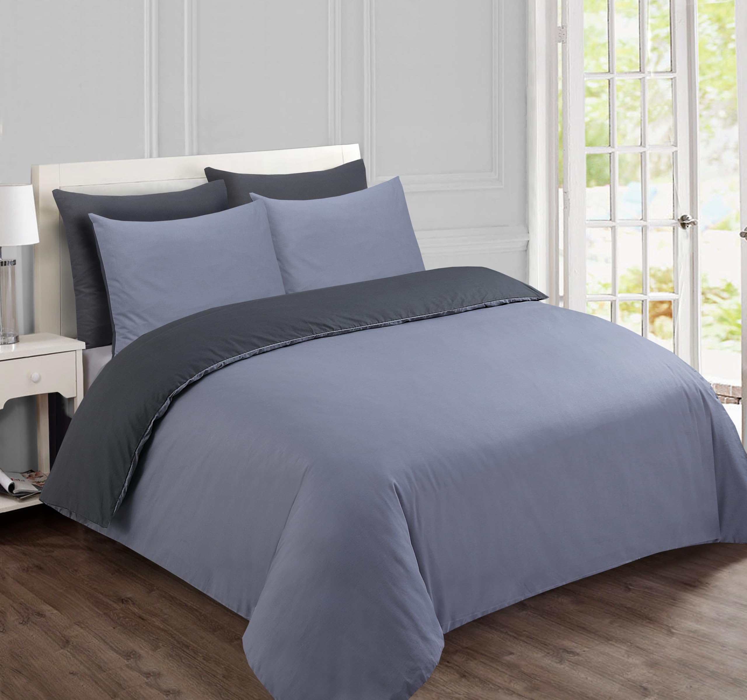 VISION Parure Copripiumino Reversibile 100% Cotone – Grigio Antracite | 1 Copripiumino (155×220 cm) + 2 Federe (80×80 cm) | 57 Fili/cm² | Morbido e Confortevole | Certificato Oeko-Tex