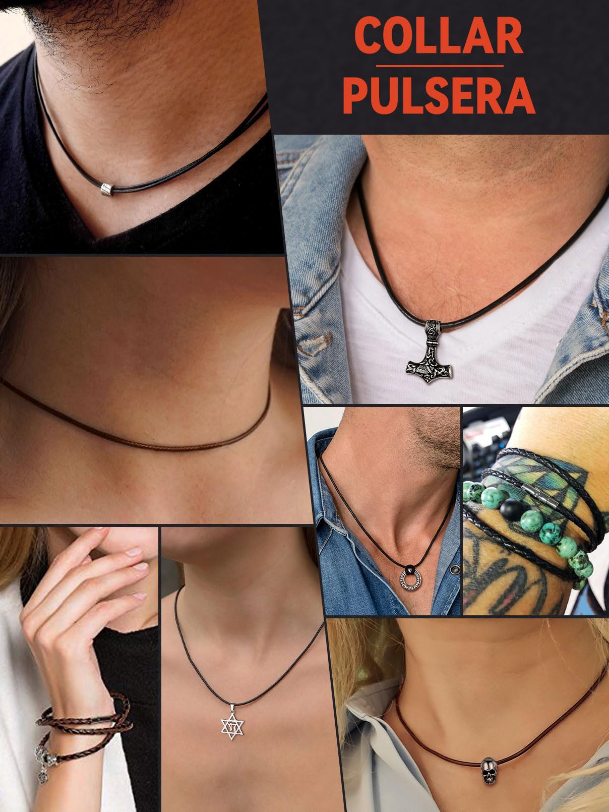 FaithHeart Collar Cuero para Colgante Cadena Cuero Hombre Mujer con Cierre Metal Acero Inoxidable 316L Collar Fino Negro/Marrón 2mm/3mm Ancho 40-75cm Largo