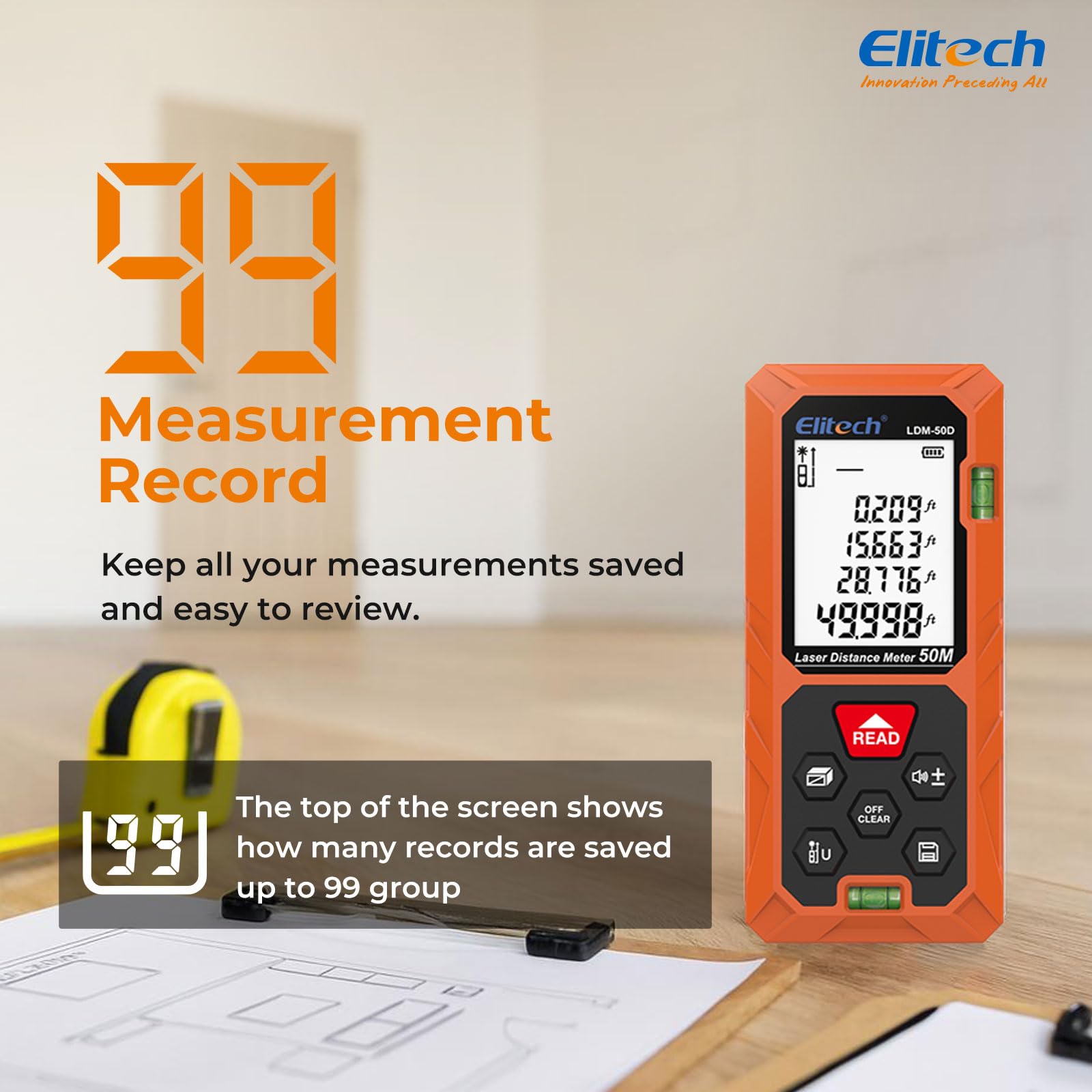 Elitech Dalmierz laserowy Bluetooth 50 m cyfrowy miernik laserowy z trybami powierzchni/głośności/pitagoras, 99 wspomnień, wbudowany poziomica, przełączane jednostki Ft/in/M