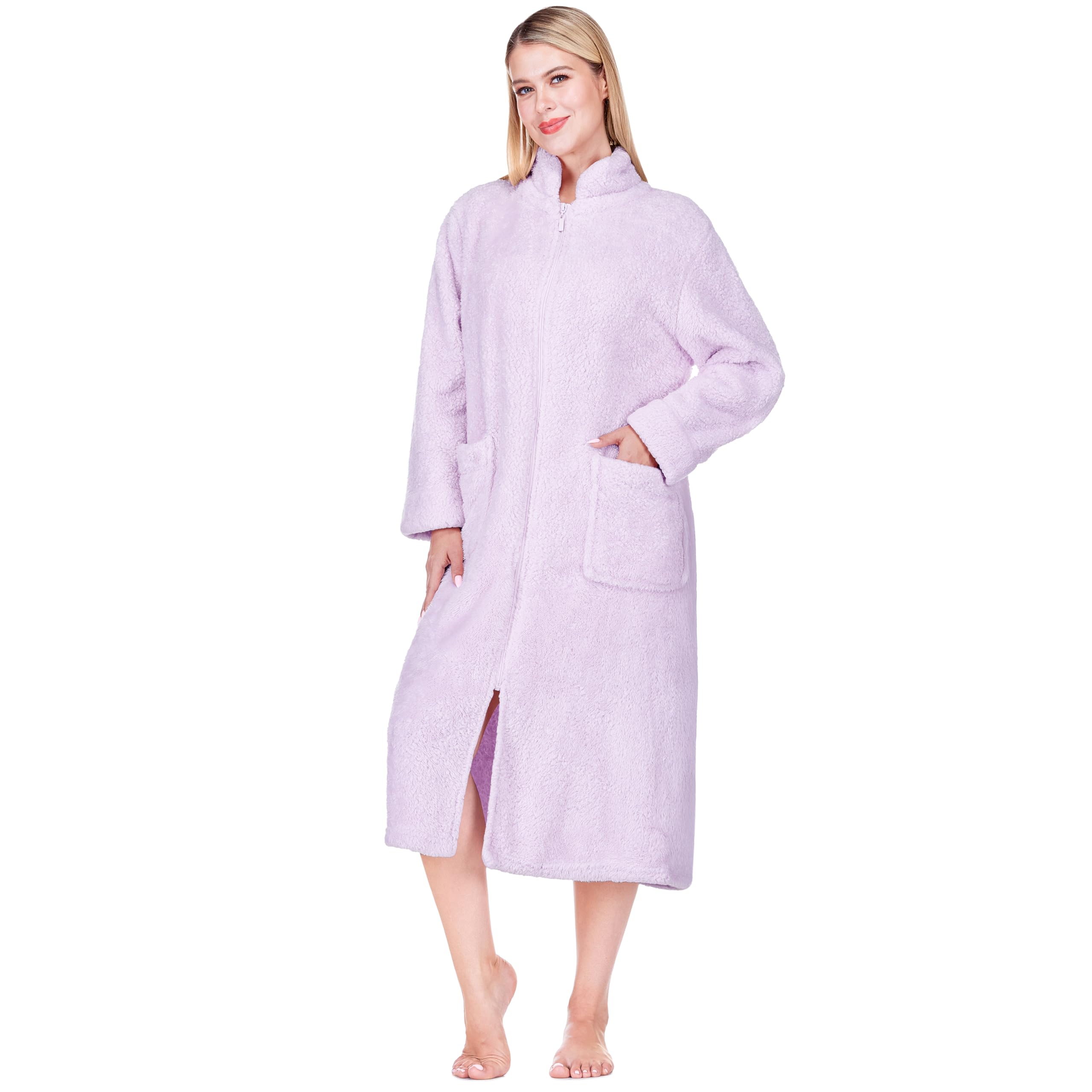 PAVILIA Womens Housecoat Zip Robe, Sherpa Zip Up Front Robe Bathrobe, Plush Warm Zipper House Coat Lounger, Pockets Fluffy