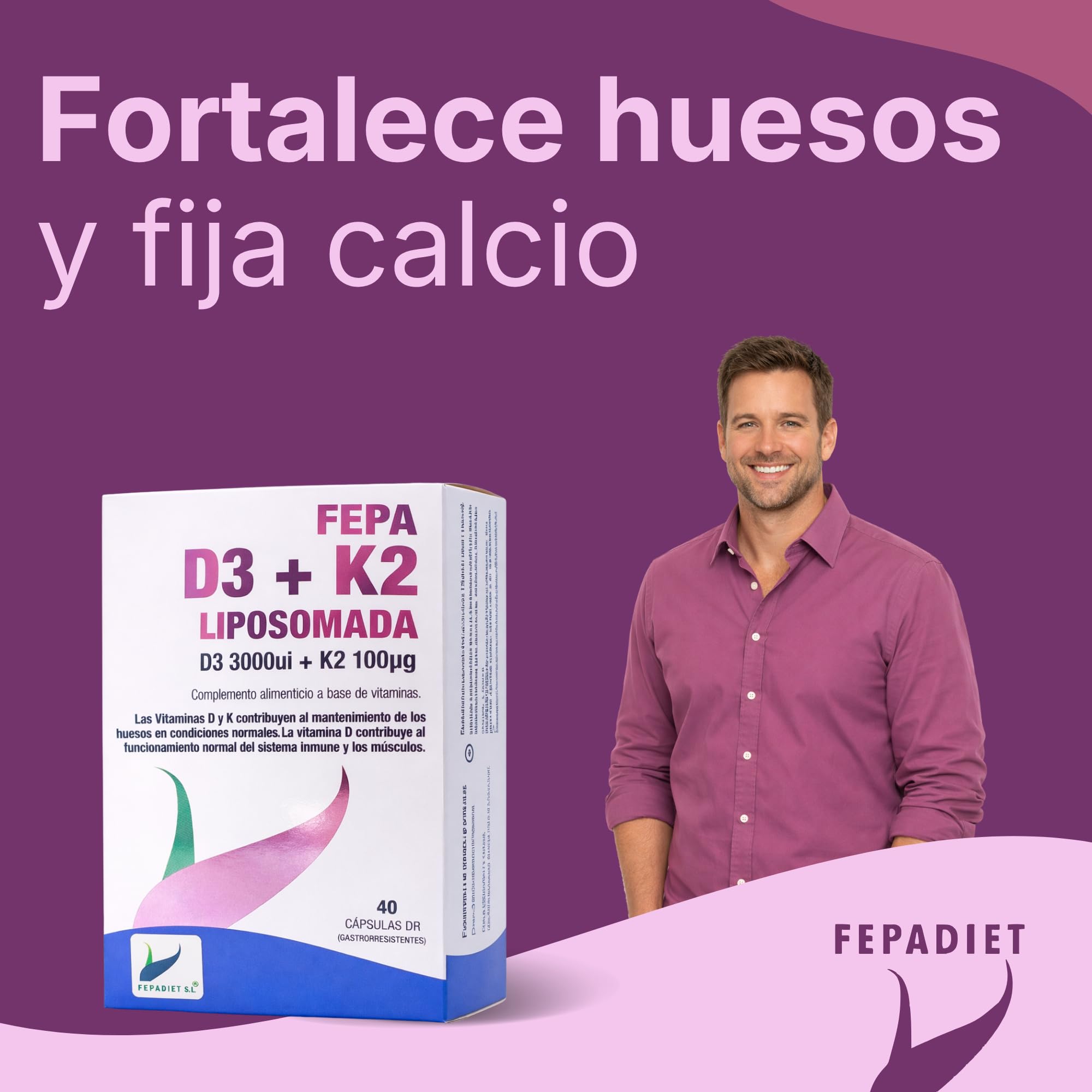 FEPA Vitamina D3 + K2 Liposomada – 40 Cápsulas Pack de 2 – Complemento Alimenticio para Huesos, Músculos y Sistema Inmunitario – Cápsulas de Alta Absorción – Fepadiet