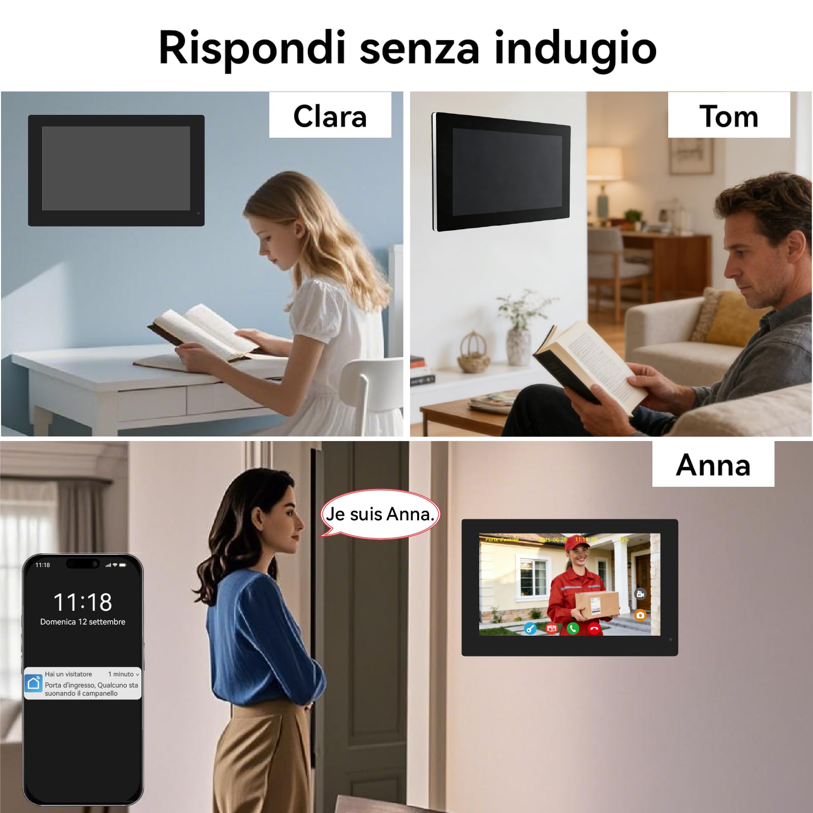 Videocitofono cablato con 3 Monitor Touch da 7 Pollici, Pannello Esterno con Telecamera, Campanello Video 2 Fili con Visione Notturna,Audio Bidirezionale, per 3 Famiglie