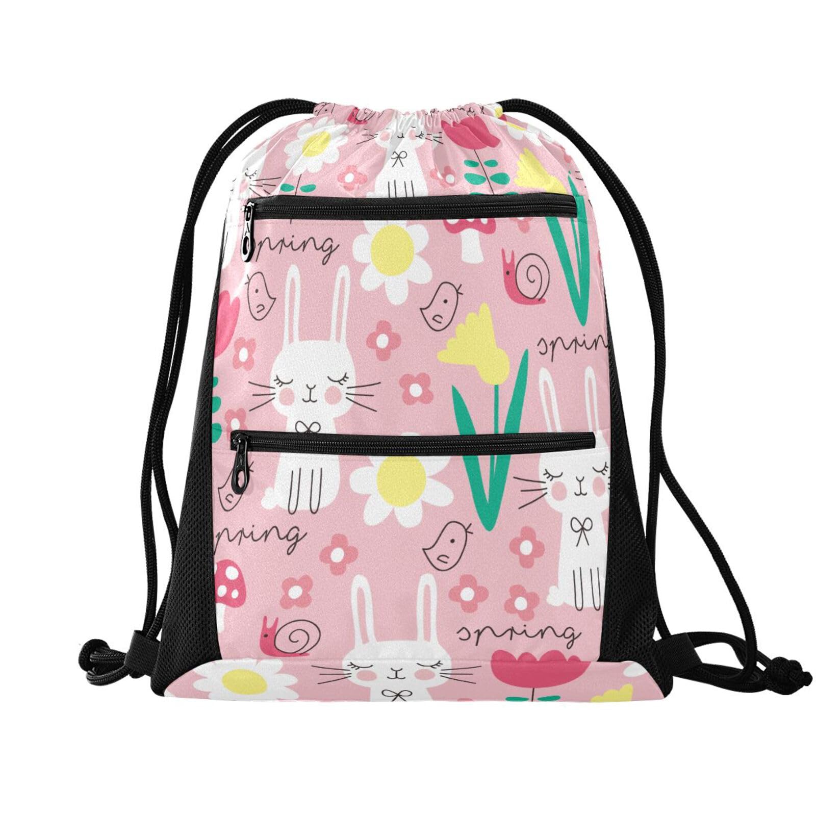 FRODOTGV Pink Bunny Rabbit Pattern Happy Easter Drawstring Backpack Water Resistant Bag for Swim Gym Yoga, String Bag for Men Women — image 1