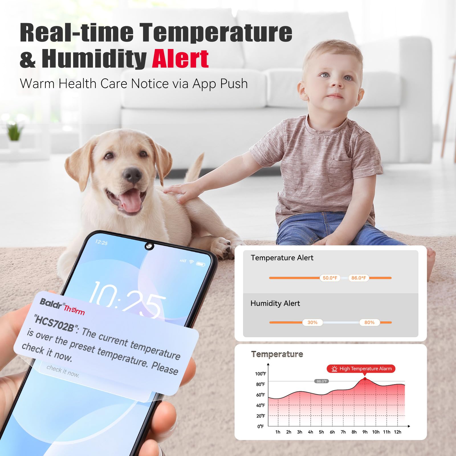 BaldrTherm Termometro WiFi, termometro intelligente wireless, monitor della temperatura a distanza con gateway e sensore solare, copertura di 60 m, avvisi app, batteria di 12 mesi, indicatore di