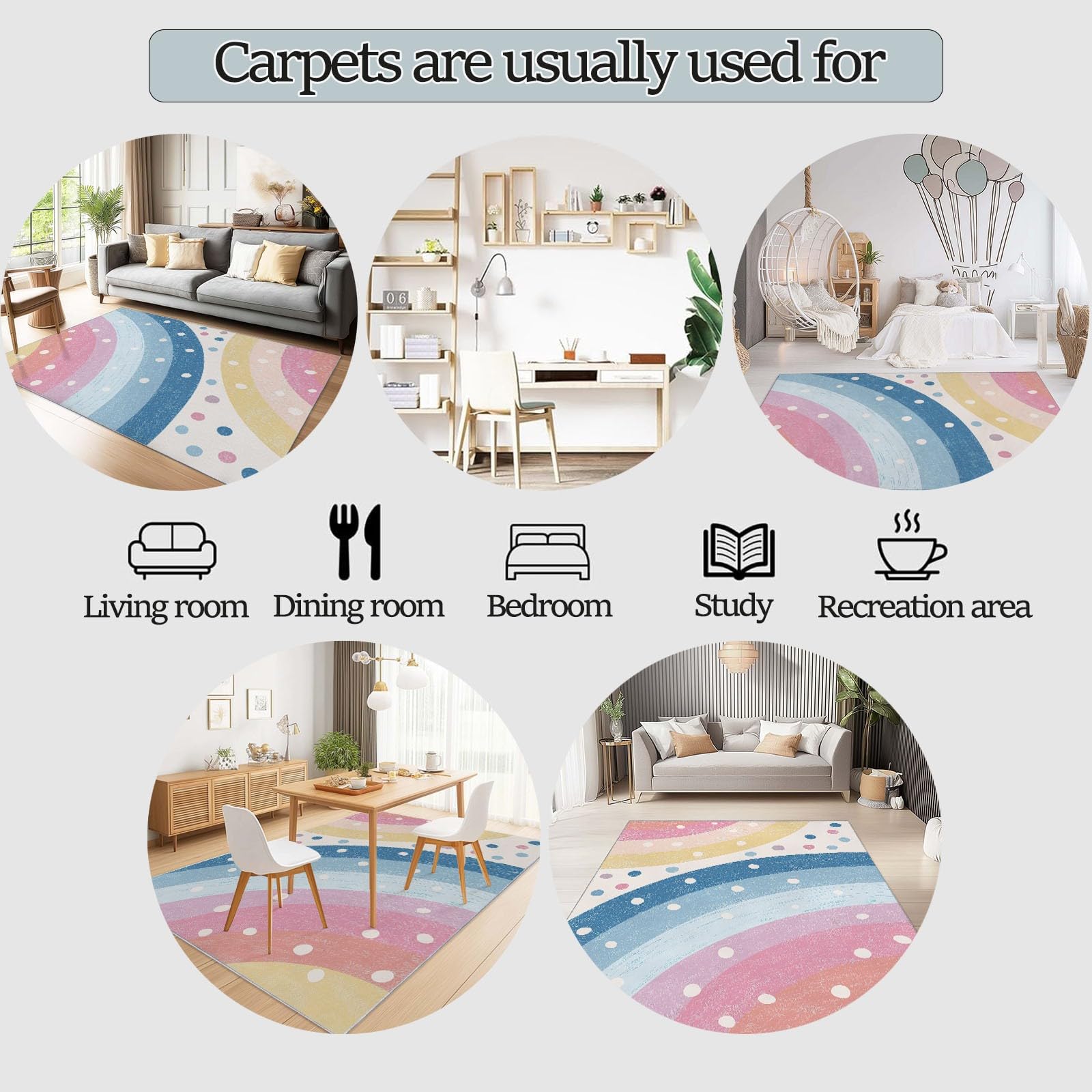 Waschbar Teppich 160 x 230 cm - Bohemian Minimalistisch Tupfen Regenbogen Teppiche Wohnzimmer - Weich, Kurzflor & rutschfest Teppich Schlafzimme für Teenager Mädchen & Jungen, Mehrfarbig