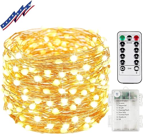 Guirnalda de 100 luces LED de 33 pies con control remoto, impermeable, batería de Navidad con temporizador, luces parpadeantes para decoración de