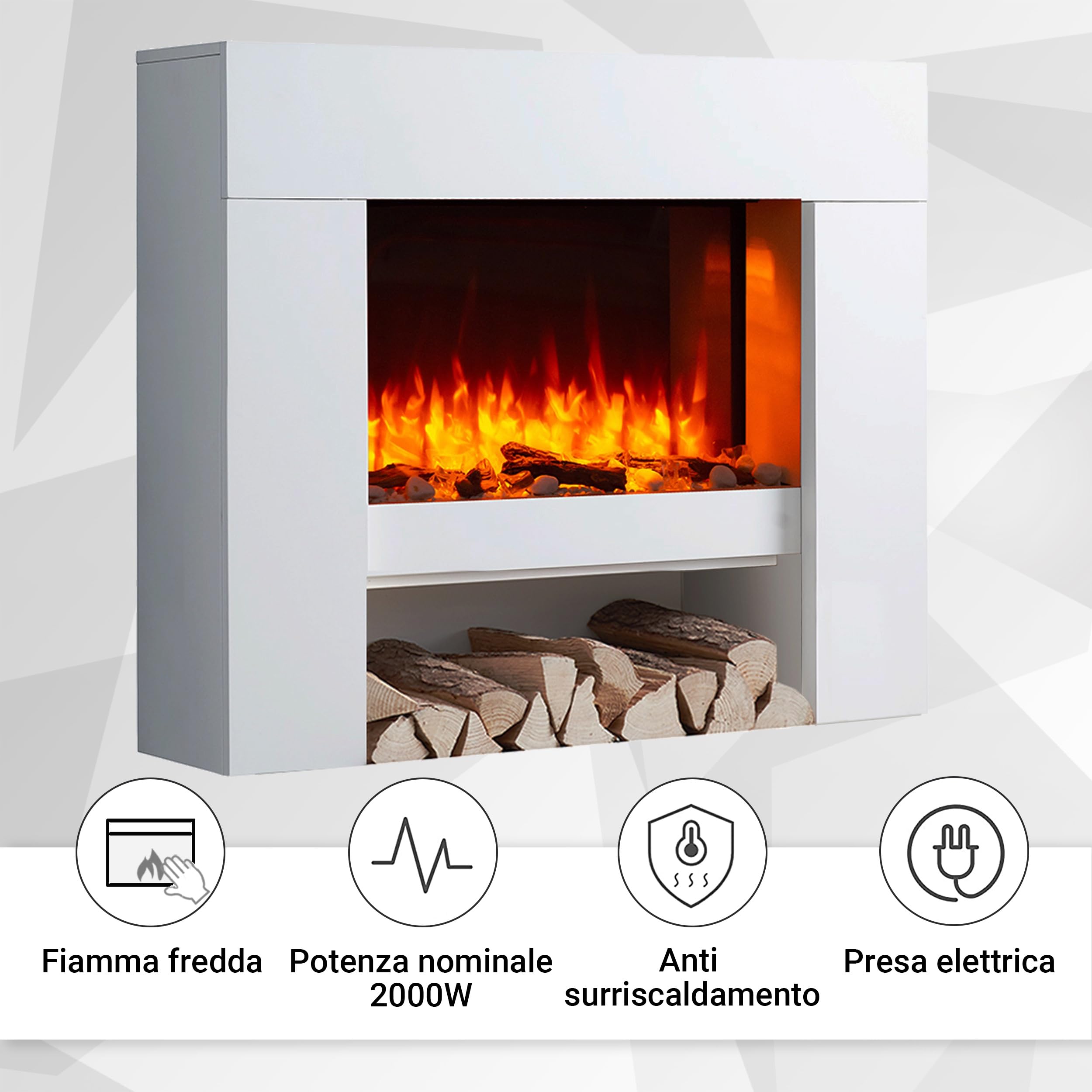 RICHEN camino elettrico da terra Naran | Caminetto da pavimento con vano decorativo | Riscaldamento elettrico 2000 W| Effetto fiamma 3D | Focolare con telecomando, timer, termostato | Bianco