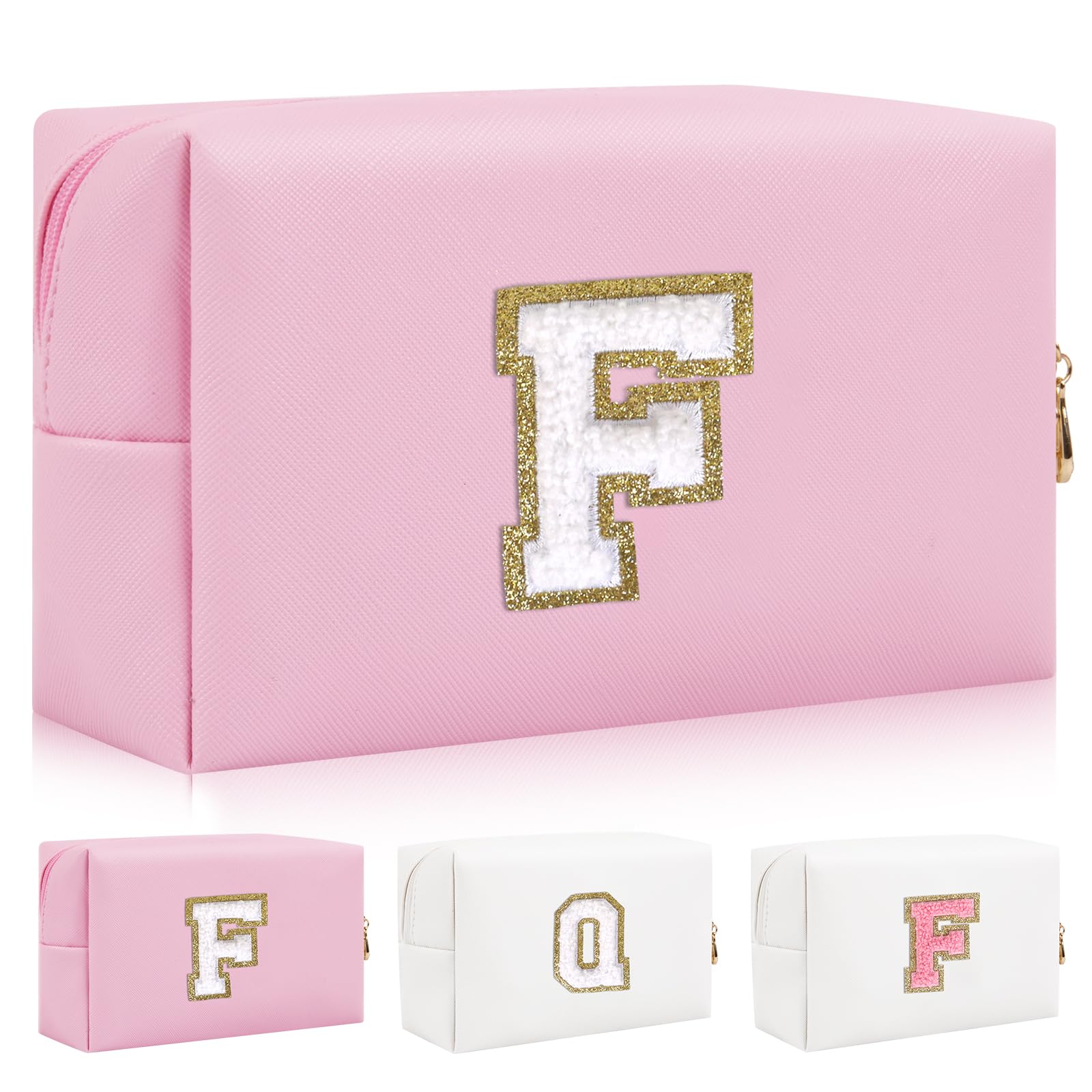 Iqimott,Personalized Initial Letter Patch Makeup Bag, Preppy Portable Chenille Letter Cosmetic Bag with Zipper, PU Leather Travel Toiletry Bag