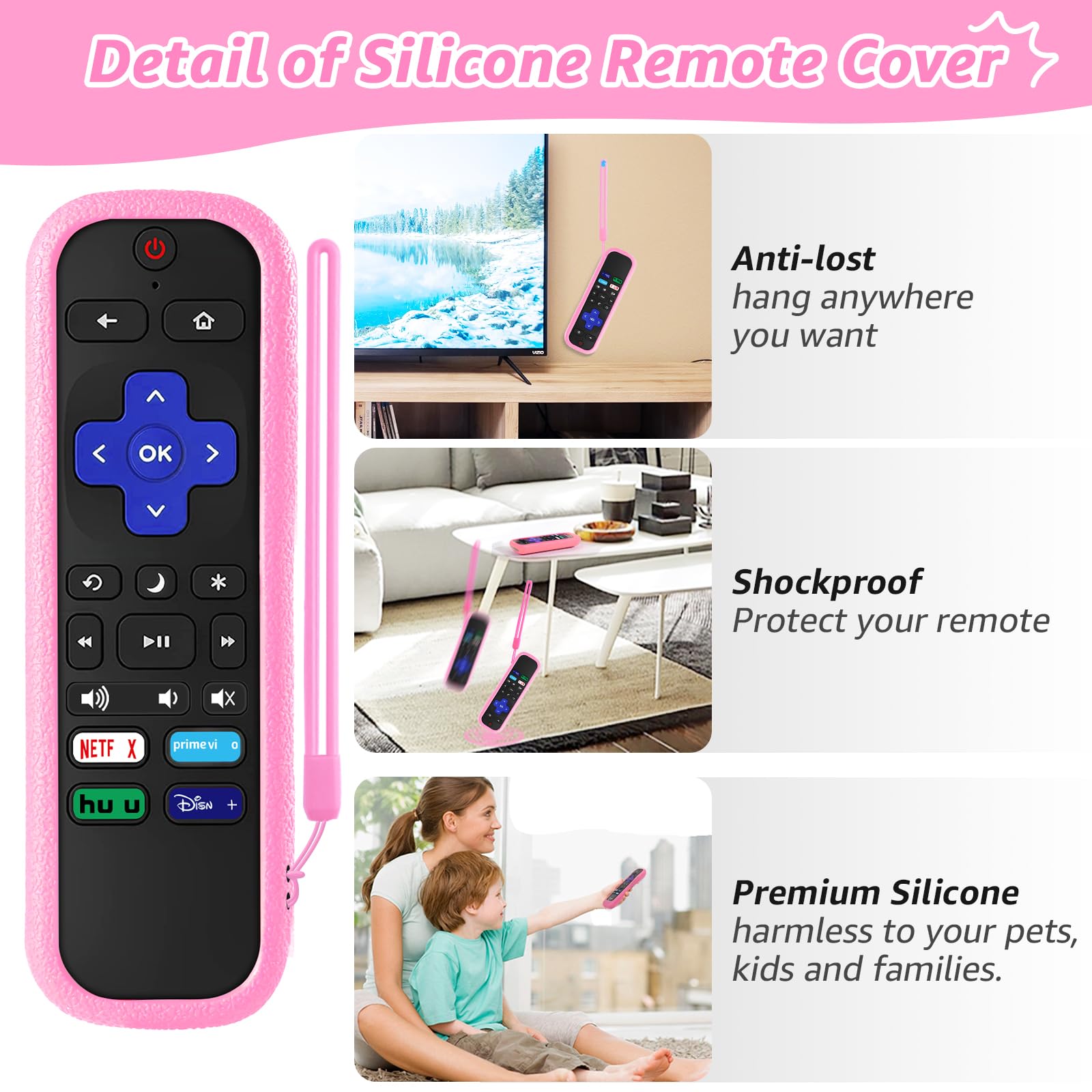 Mando a distancia de repuesto para TV Roku con funda de silicona suave rosa, mando a distancia universal para televisores inteligentes TCL Roku/Hisense Roku/Onn Roku/Westinghouse Roku/Philips Roku (no