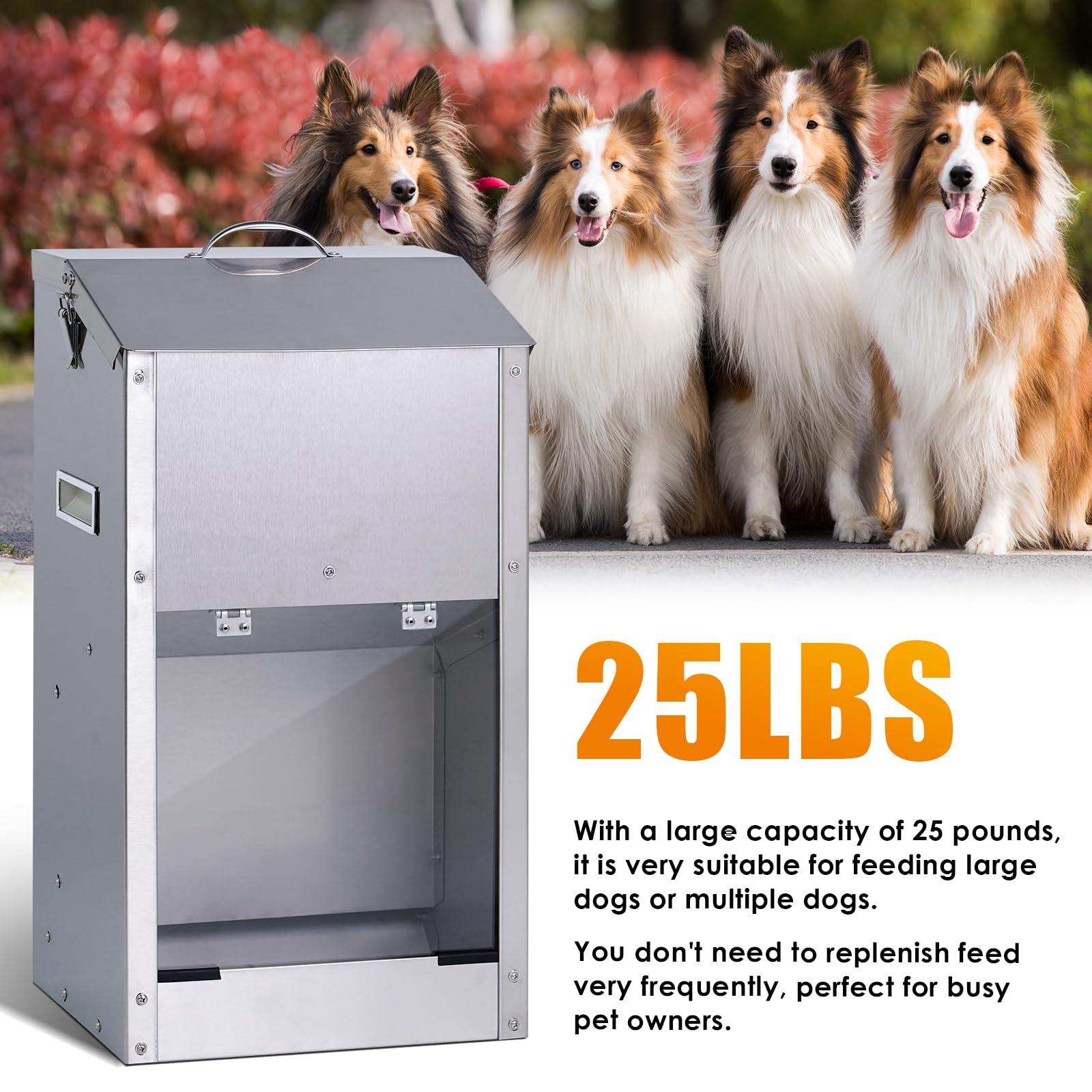 Comedero automático para perros de raza grande, dispensador automático de comida para perros, 25 libras, gran capacidad, acero inoxidable, estación de alimentación para mascotas, dispensador