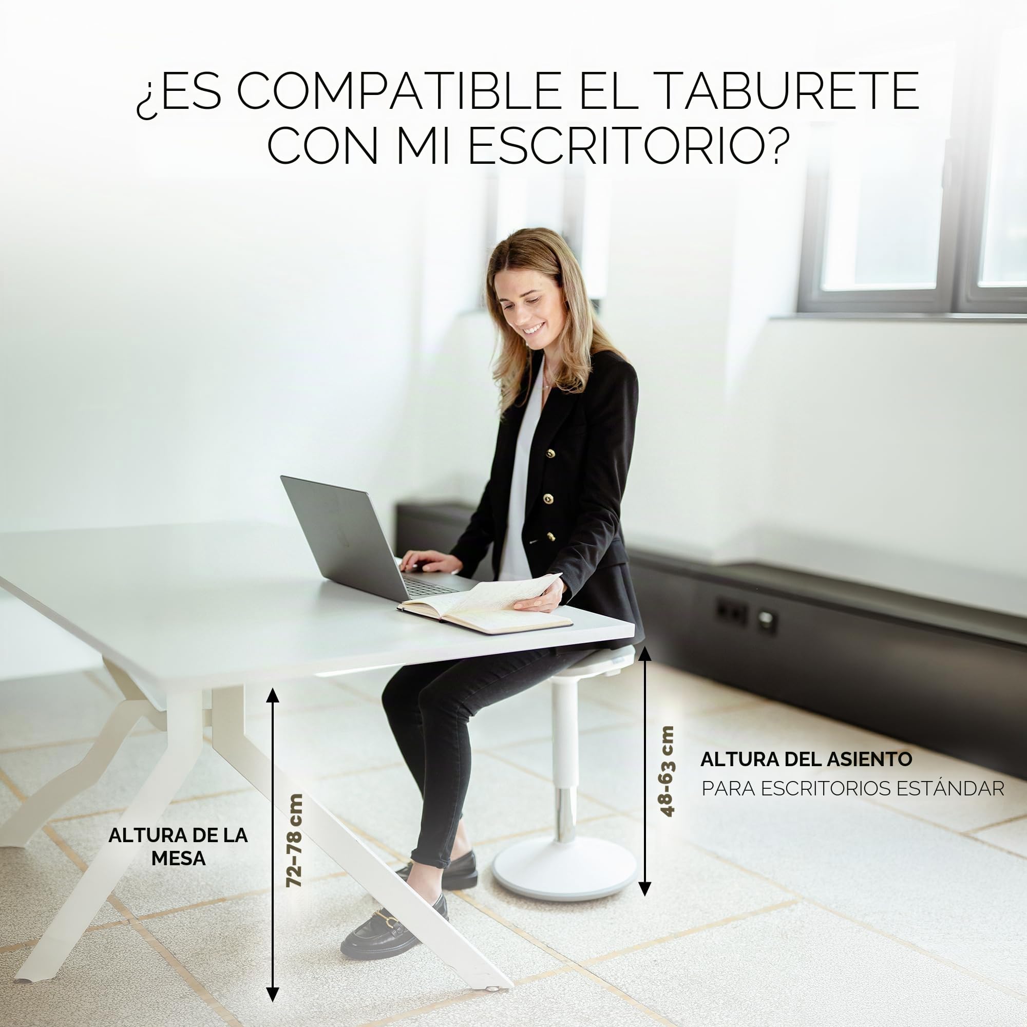 Taburete ergonómico de oficina [2 posiciones] Taburete de asiento ajustable en altura [43 – 63 cm] Taburete para sentarse activamente | Base antideslizante