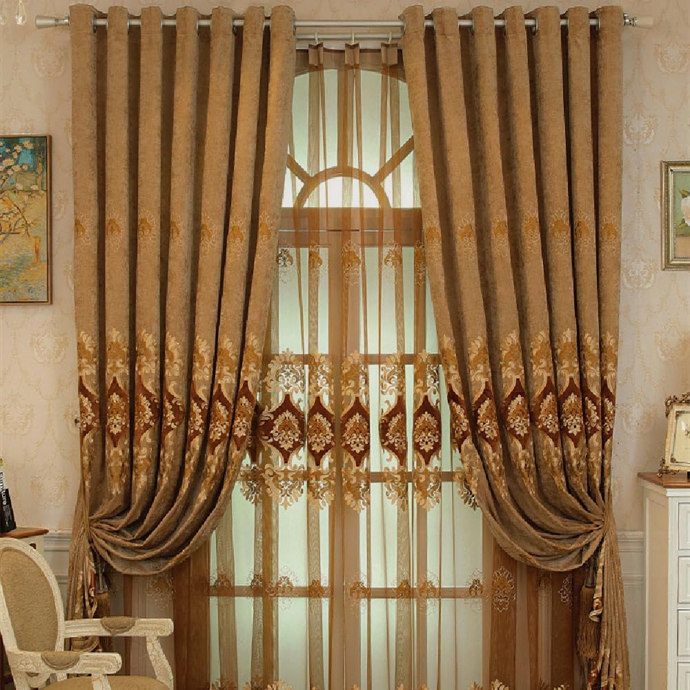 Amidoudou 1 Pair European Luxury Embroidered Curtains for Living Room Bedroom Chenille Curtains (Coffee,63x106 Inch)