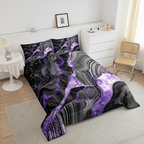 Miniatura 3 de Juego de edredón de mármol negro y gris, tamaño King, ropa de cama con estampado de grietas de mármol morado para mujer, juegos de edredón de
