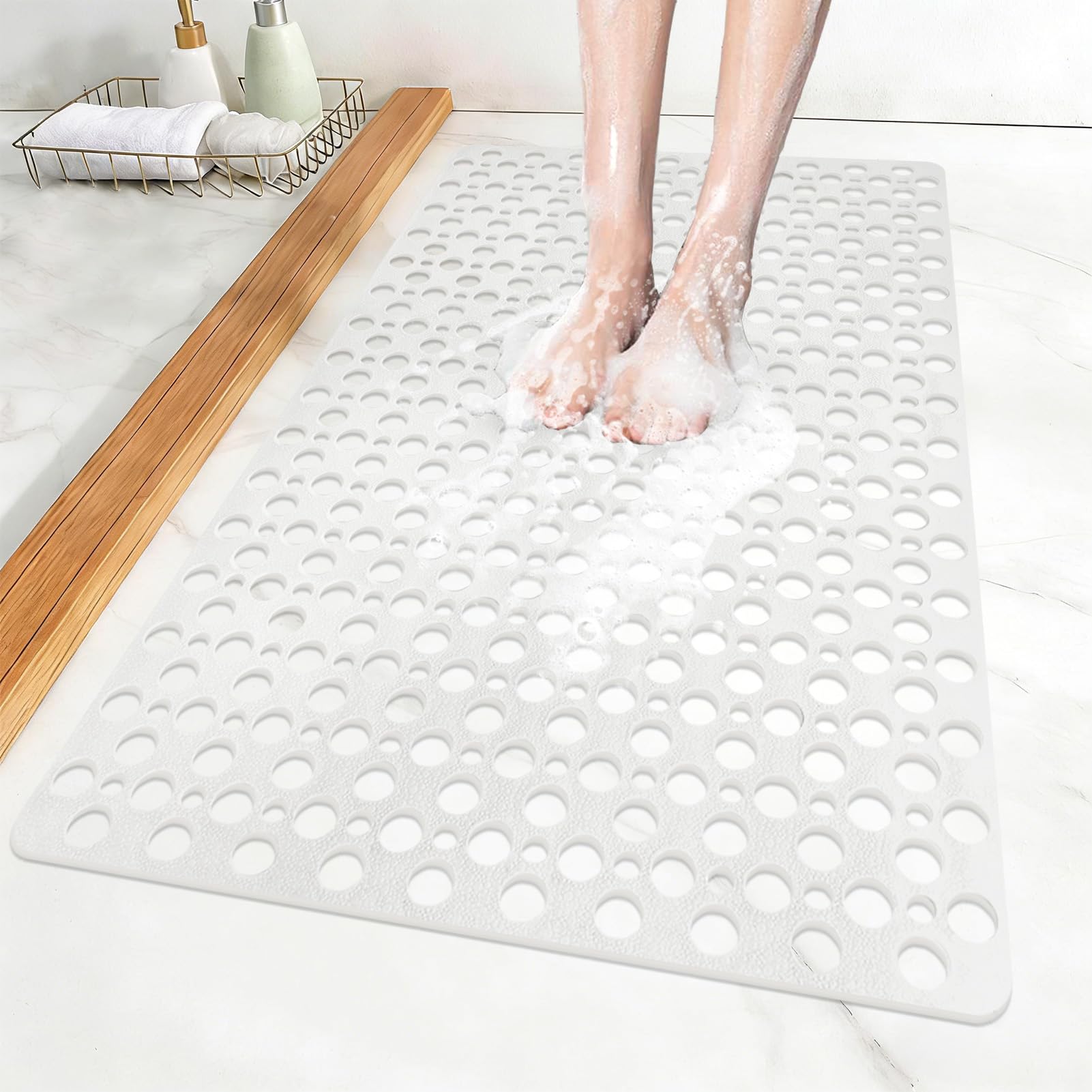 ZOKBOM Large Shower Mat Non Slip 60x90 cm, Shower Mats for Inside Shower, TPE Long Shower Mats Anti Mould, Bath Mat for Bathroom with Suction Cups & Drain Holes, Machine Washable (WHite-Ⅱ, 60x90 cm) — image 1
