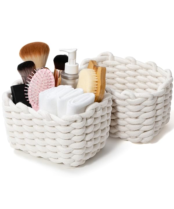 Small Cotton Rope Basket 2 Pack, White Shelf Storage Bins for Desk Vanity by AmorousCat - Used condition - US$21.02