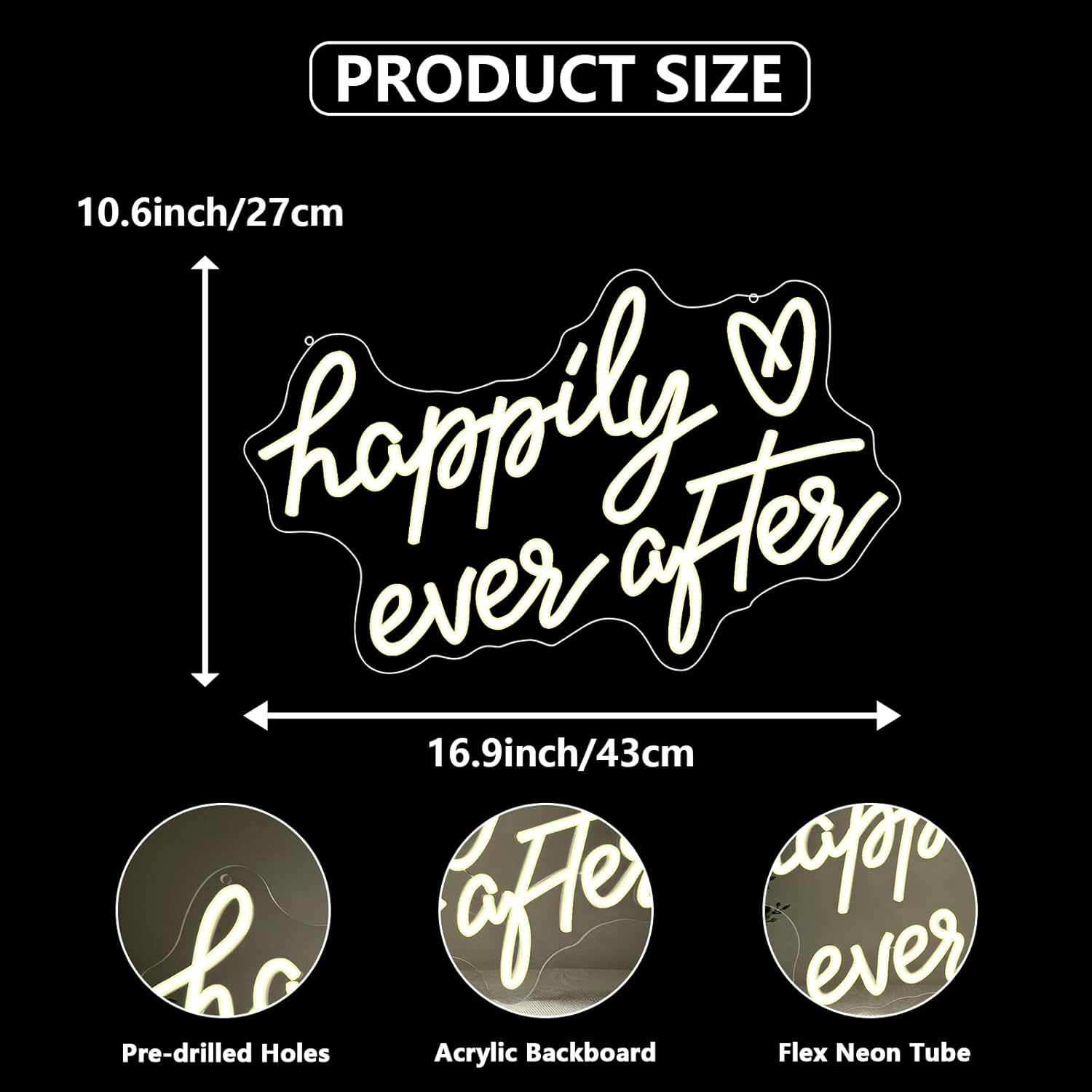 Happily Ever After Neon Sign Light, Wedding Led Neon Lights for Bachelorette Bridal Engagement Party Decoration Bridal Shower Wall Decor Valentine's Day Night Light Dimmable USB Powered(16.9"*10.6") - Image 3