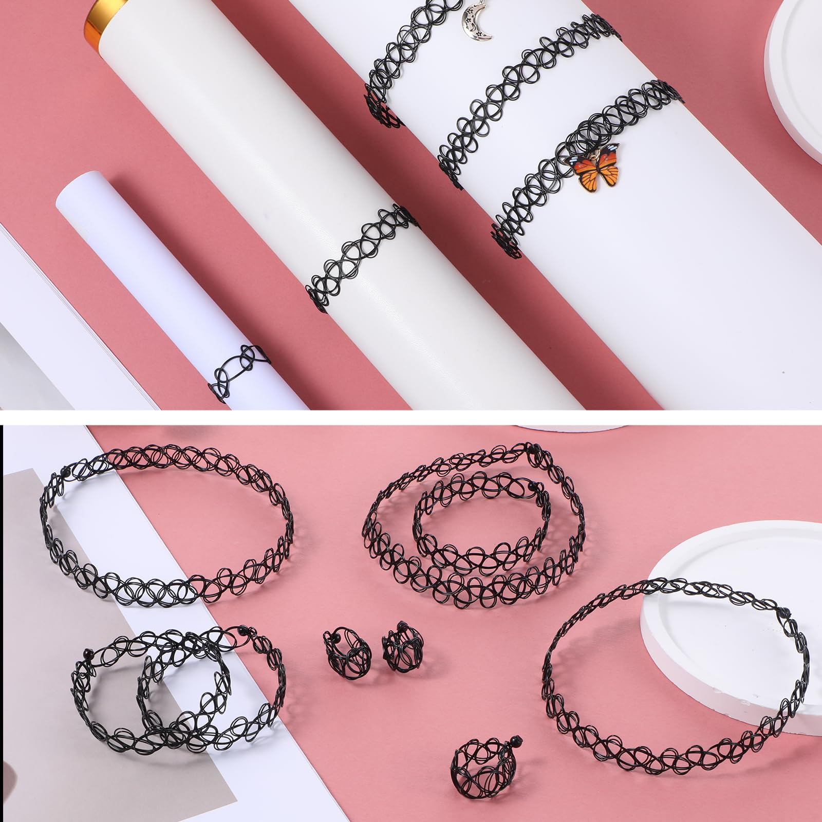 Andibro 12 sztuk zestaw rozciągliwych naszyjników, 4 zestawy rozciągliwe naszyjniki choker z tatuażem, bransoletki, pierścionki damskie, vintage punk gothic, naszyjnik z tatuażem, gumowy, z lat 90