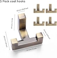 Vista 2 de Paquete de 5 ganchos de pared resistentes con tornillo, gancho doble retro para abrigos, bufandas, bolsos, toallas, llaves, sombreros, tazas (bronce)