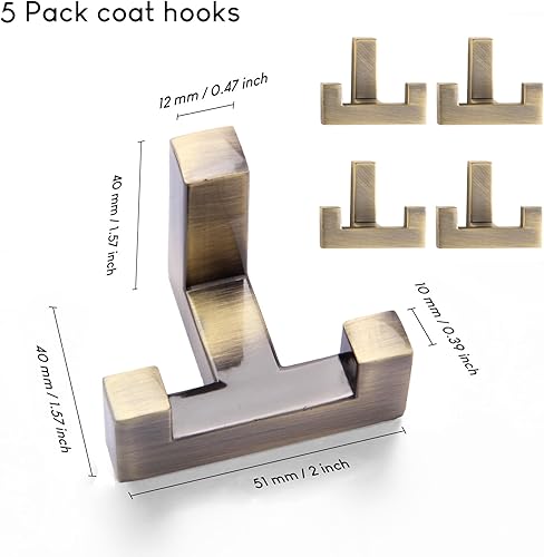 Miniatura 2 de Paquete de 5 ganchos de pared resistentes con tornillo, gancho doble retro para abrigos, bufandas, bolsos, toallas, llaves, sombreros, tazas (bronce)