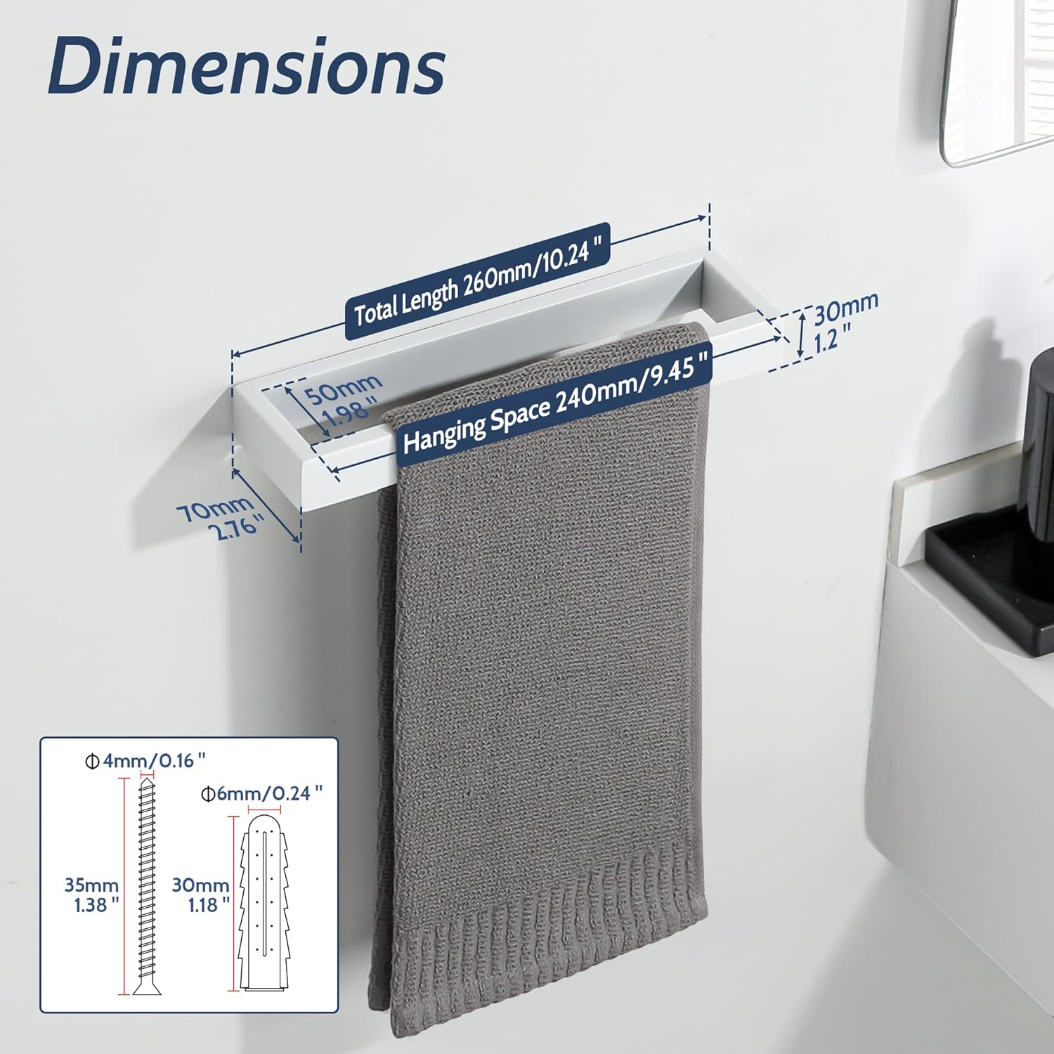 Sayayo White Towel Bar for Bathroom, 10 Inch Hand Towel Holder Wall Mount Square Towel Ring SUS304 Stainless Steel Towel Rack