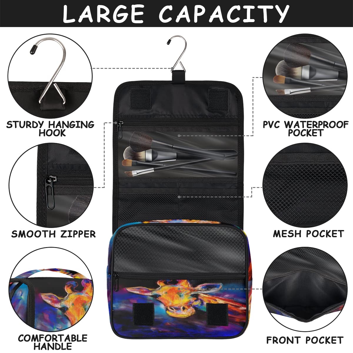 Żyrafa Malarstwo Podróżna Kosmetyczka Żyrafa Mycie Torba Unisex Wiszące przybory toaletowe Kosmetyczka Organizer do makijażu, wielobarwny, Jeden rozmiar