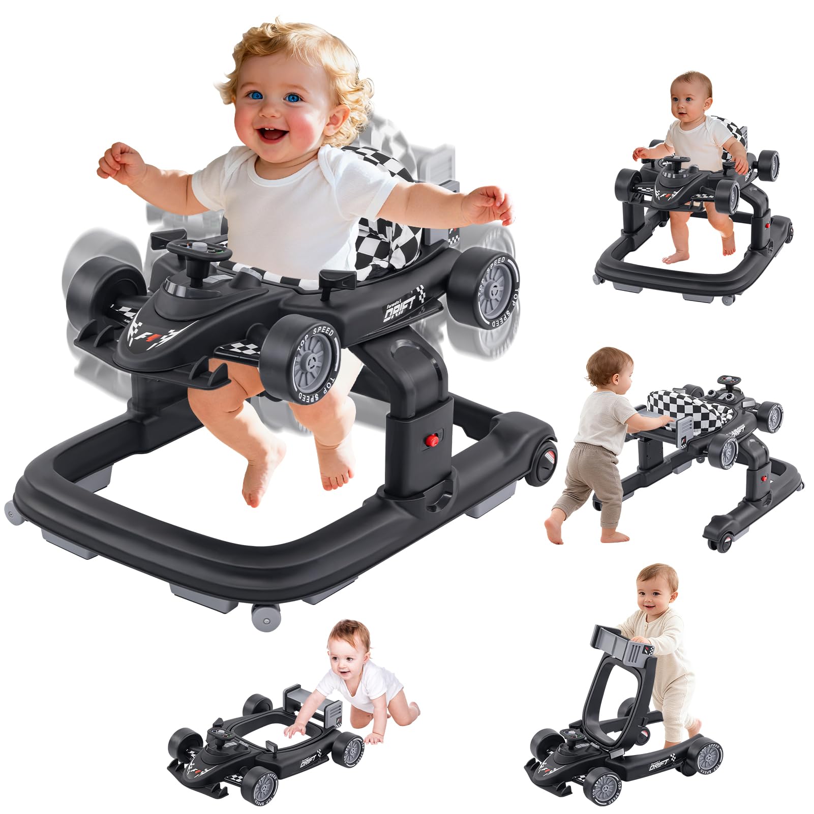Baby Walker, Baby Walker with Wheels, 3 Adjustable Heights Reinforced Frame 4 Modes Push Walker & Jumper, Music Lights Anti-Rollover Speed Height Adjustment Toddler Activity Walker for 6-18 Months Old