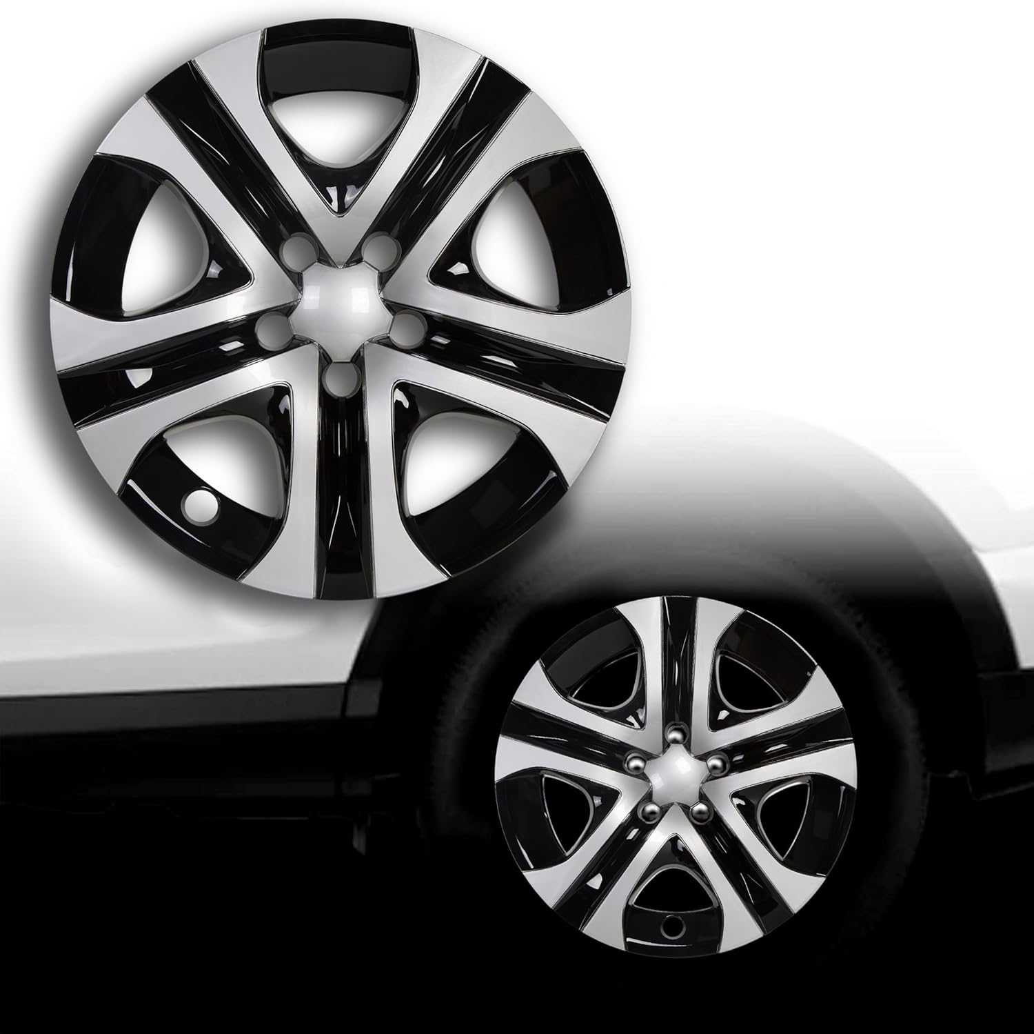ECOTRIC 17 Hubcaps Wheel Covers Wheel Skins Compatible with 2013-2018 Toyota RAV4 LE, R17 Wheel Rim Cover, 5 Spoke, Silver/Black Plastic - Set of 4