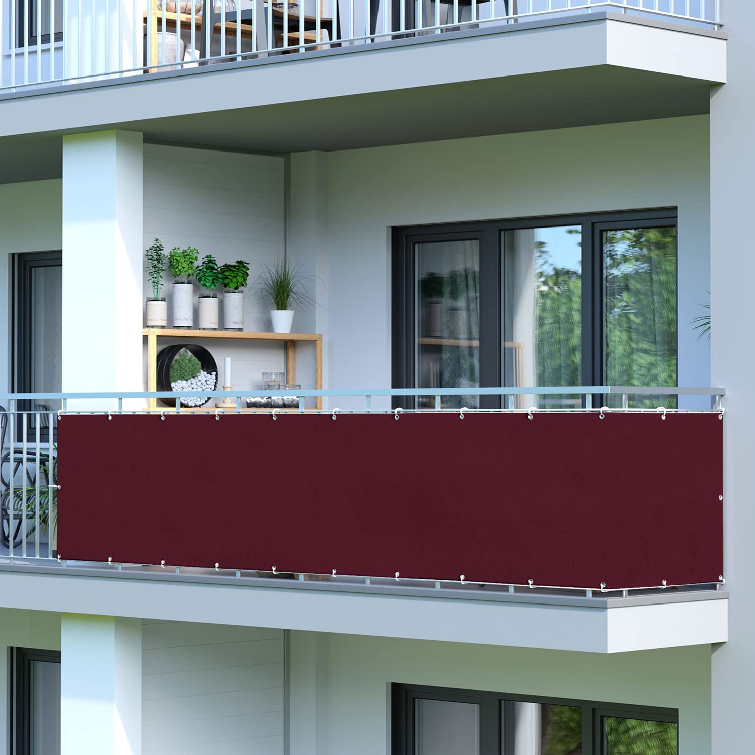 Rivestimento per balconi, protezione UV, resistente alle intemperie, con occhielli e fascette, per recinzioni da giardino e ringhiere per balconi, colore rosso vino, 130 x 300 cm