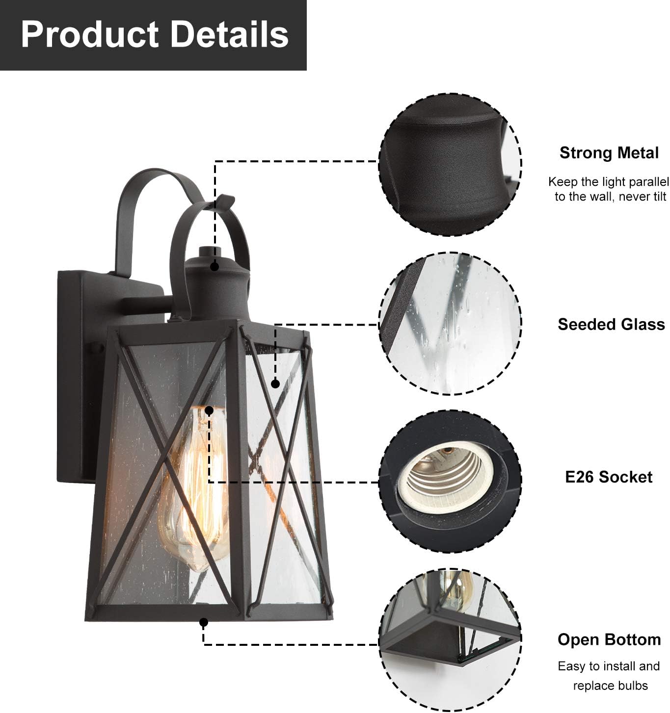 LNC Outdoor Wall Light, X-Shape/Seeded Glass Shade, Matte Black Finish, E26 Socket, Weather Resistant Wall Sconce, Exterior Porch Light Fixture for House, Garage, Backyard