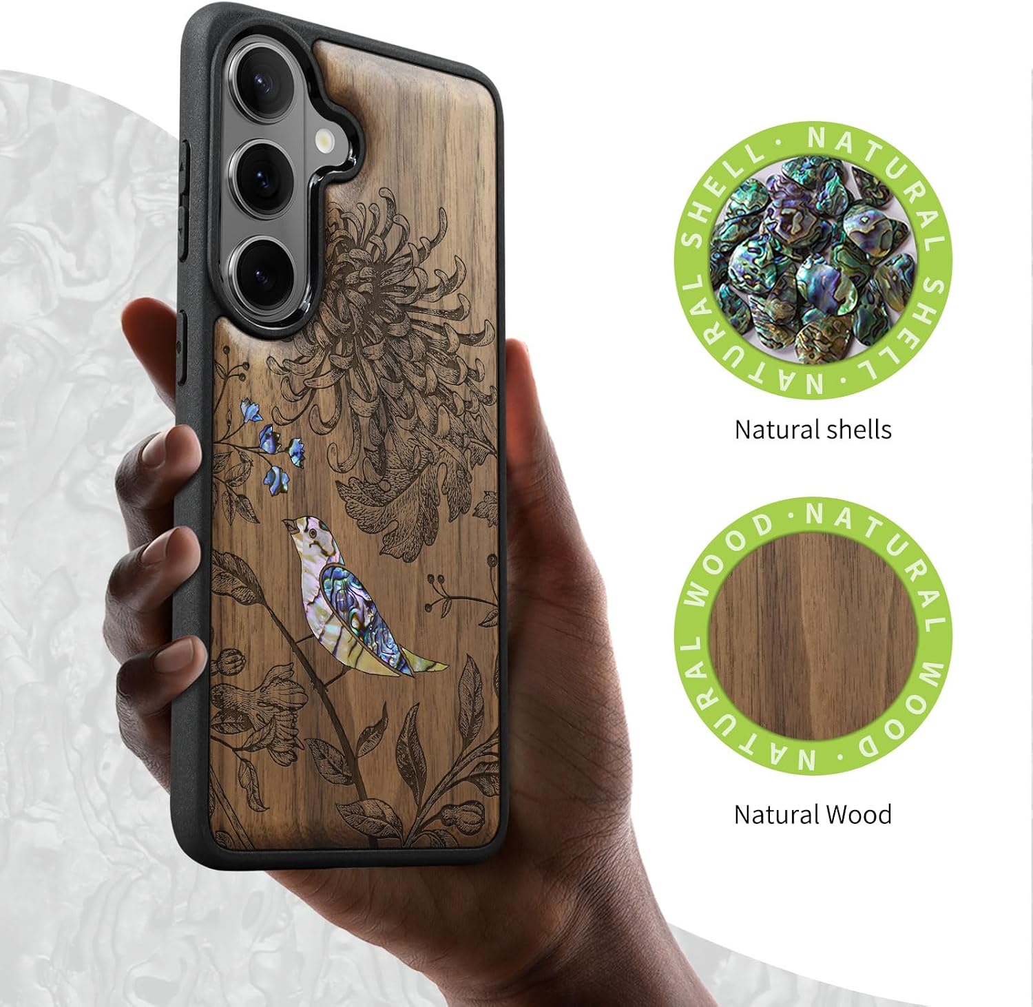 Carveit Magnetic Wooden Case for Samsung Galaxy S26 Case, Wood Artisan Engraved & Handmade Shell Inlaid, Compatible with MagSafe Wireless Chargers (Flowers and Bird) Walnut