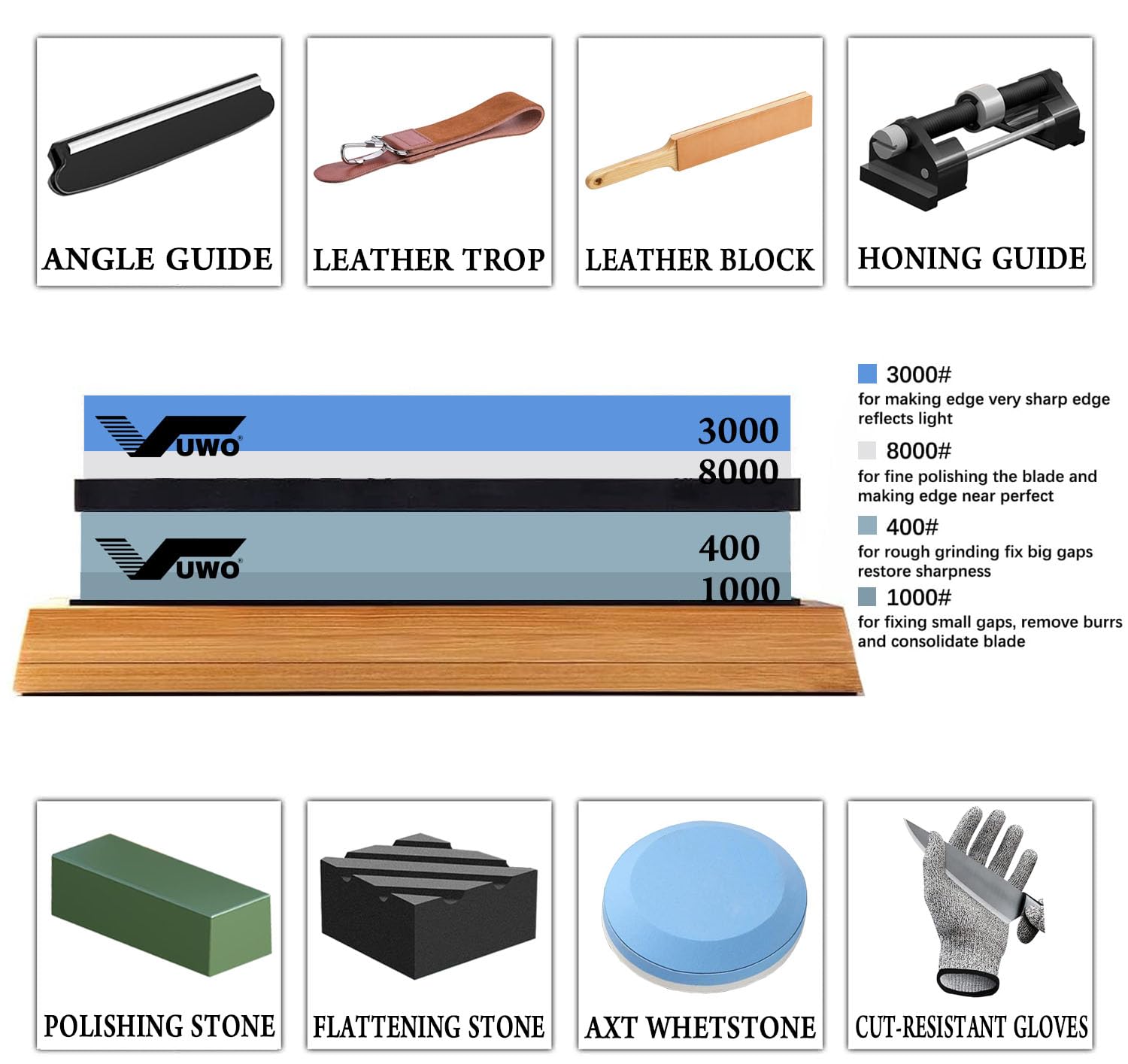 Piedra de Afilar para Cuchillos - Profesional Piedra Afiladores de Doble Cara 400/1000 & 3000/8000 Grano 12pcs Incluye Base de bambú, Guía de ángulo y Guante Resistente a Cortes