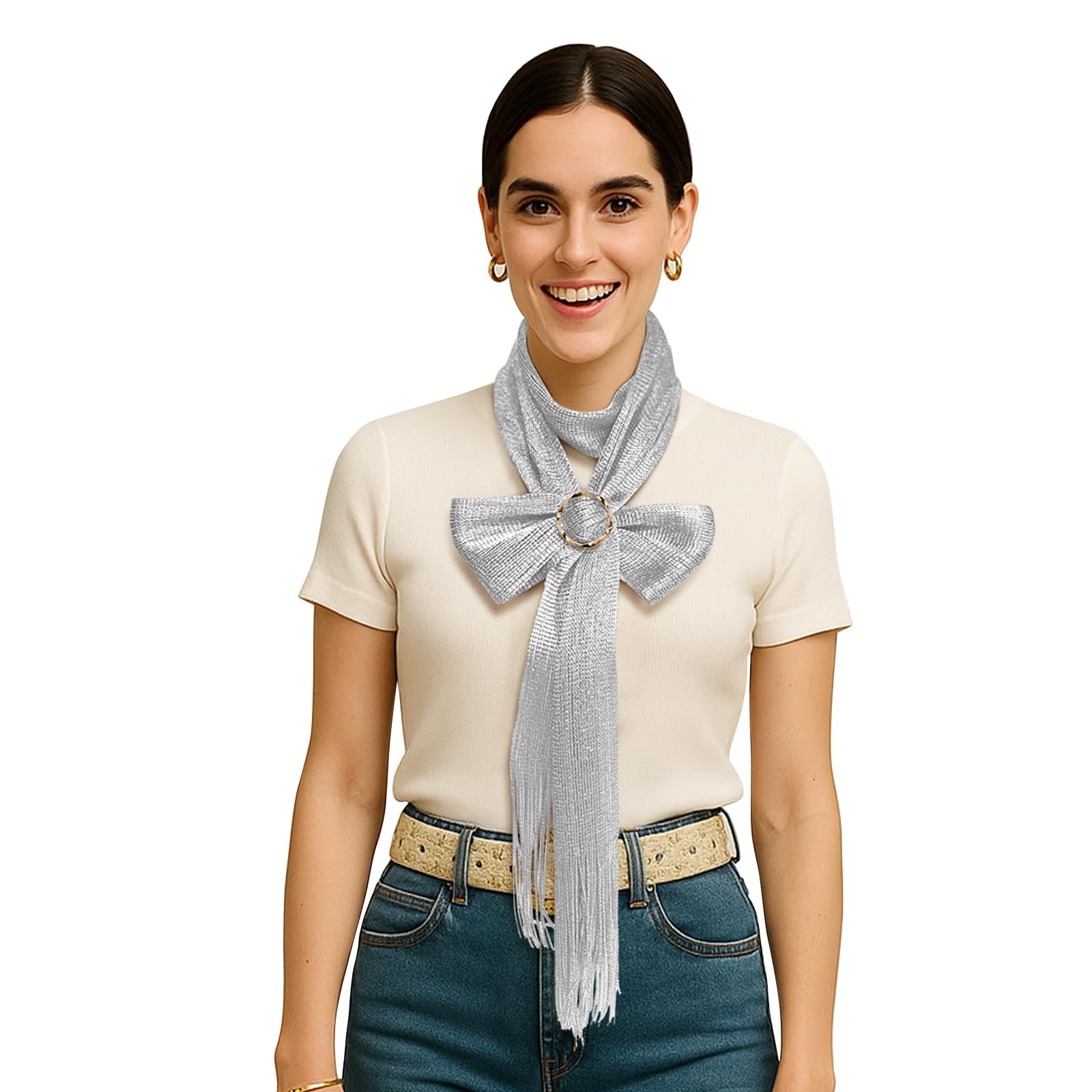Y2K - Bufanda delgada colorida con lentejuelas para mujer, bufanda ligera para el cuello, envoltura para la cabeza o accesorio para cinturón, Plateado 3