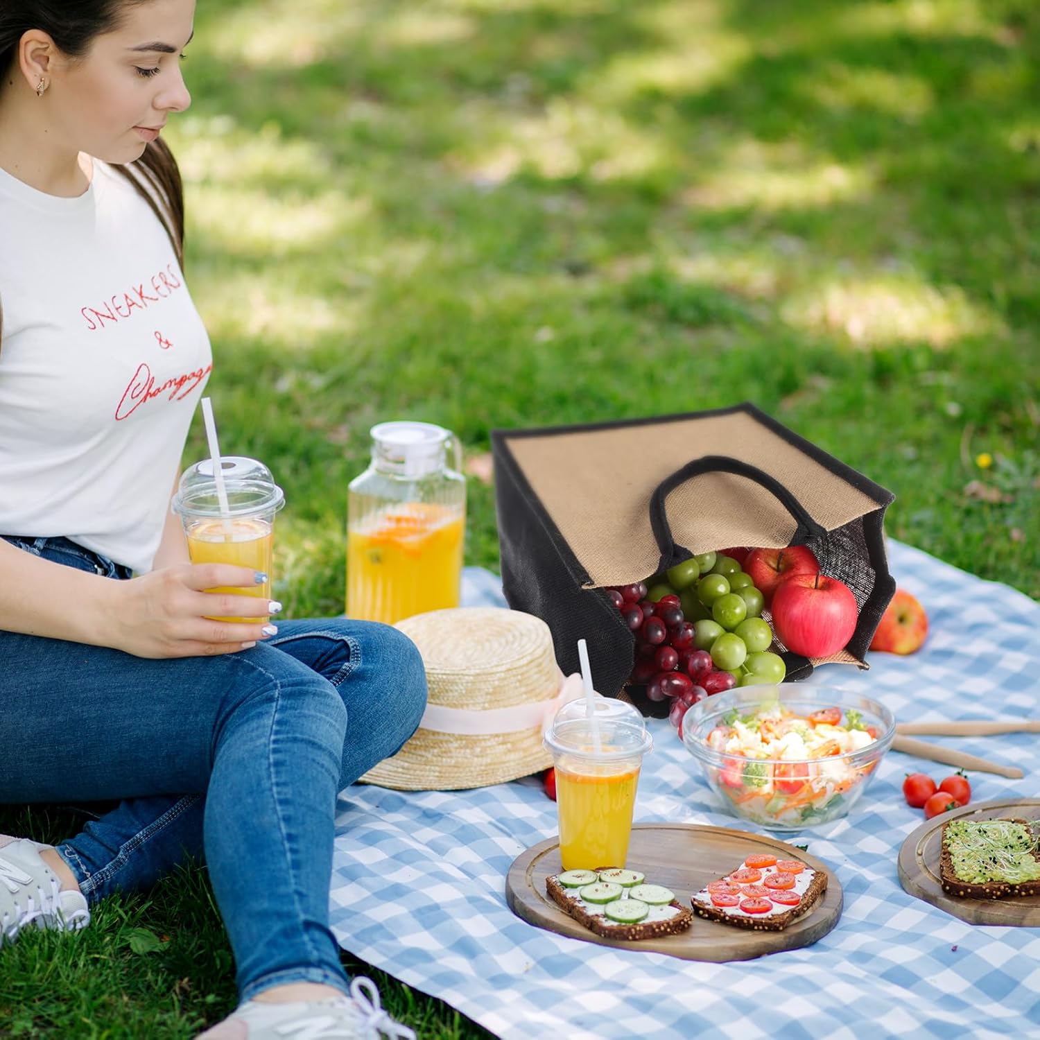 Shappy 10 Pack Burlap Tote Bag Set, Reusable Blank Jute Burlap Grocery Bag with Handle for Bridesmaid Gift Shopping DIY(Jute and Black) - Image 6