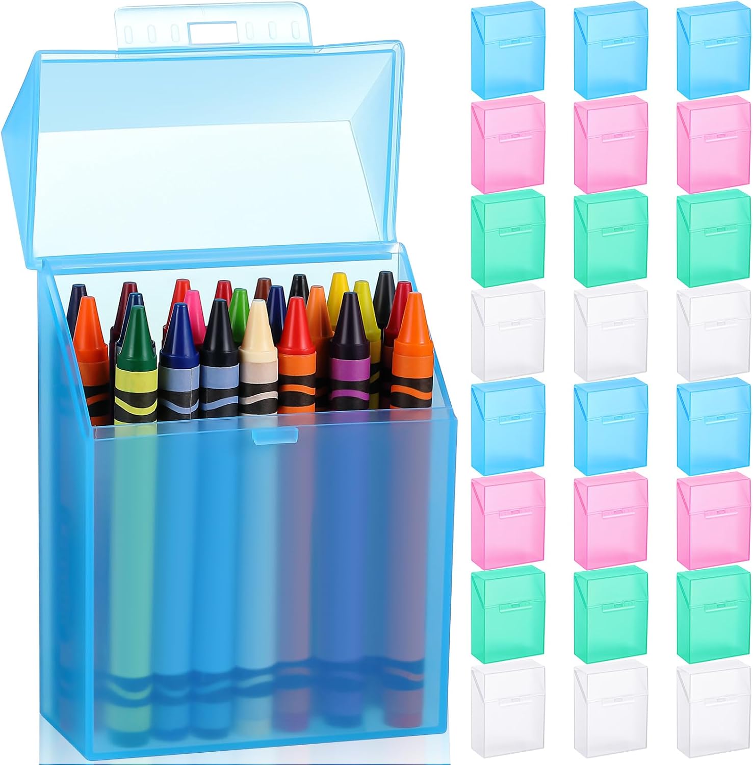 Clabby Plastic Clear Crayon Box Bulk Holds 24 Crayons Boxes With Hinged Lid and Snap Closure for Pens School Office Supplies Organization(Pink, Blue, Green, Clear,24 Pcs)