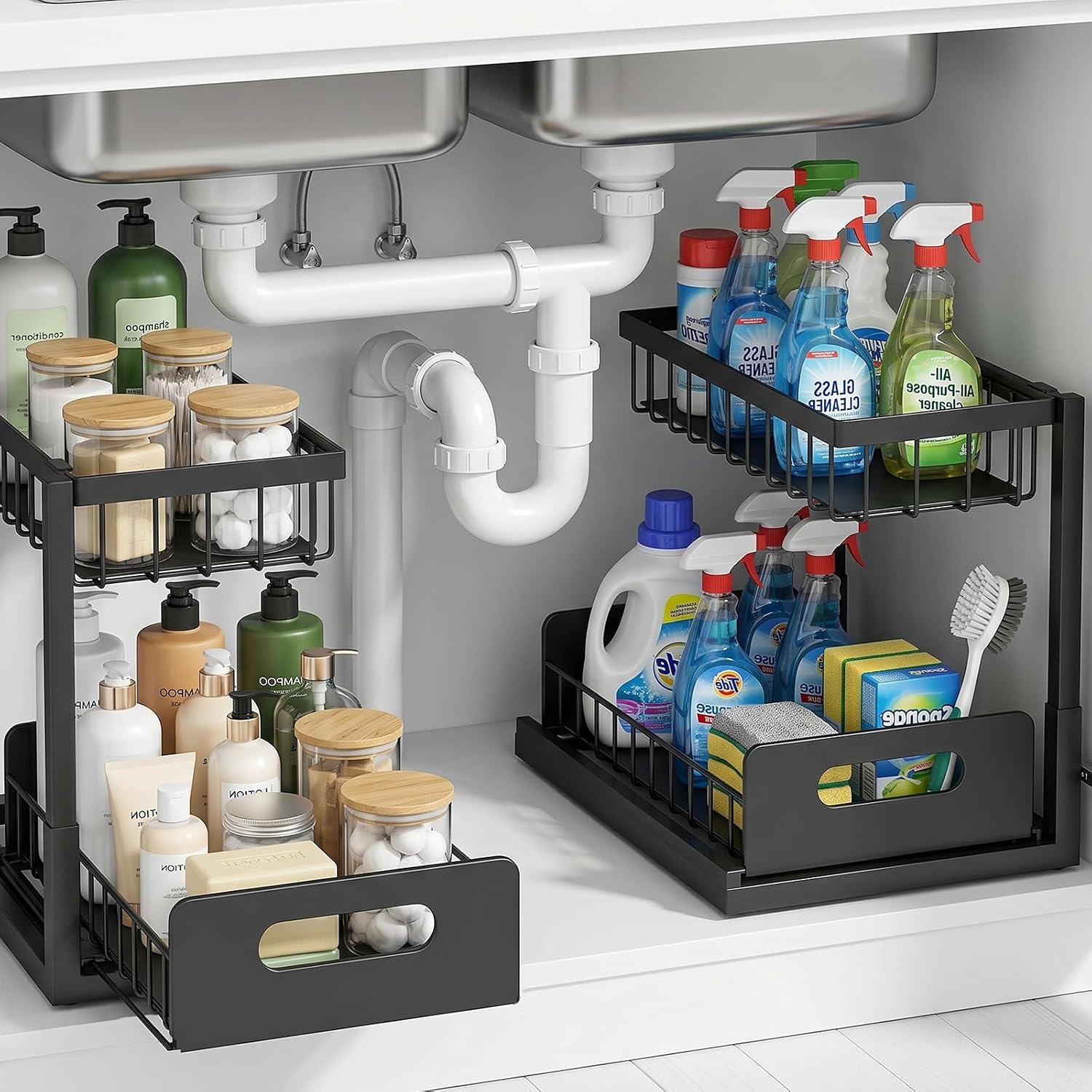 Under-Sink Storage Organizer (2-Pack) — Double-Tier Pull-Out Cabinet Organizer with Sliding Drawers ，Heavy-Duty & Versatile Storage Rack for Kitchen, Bathroom, and Pantry，Black
