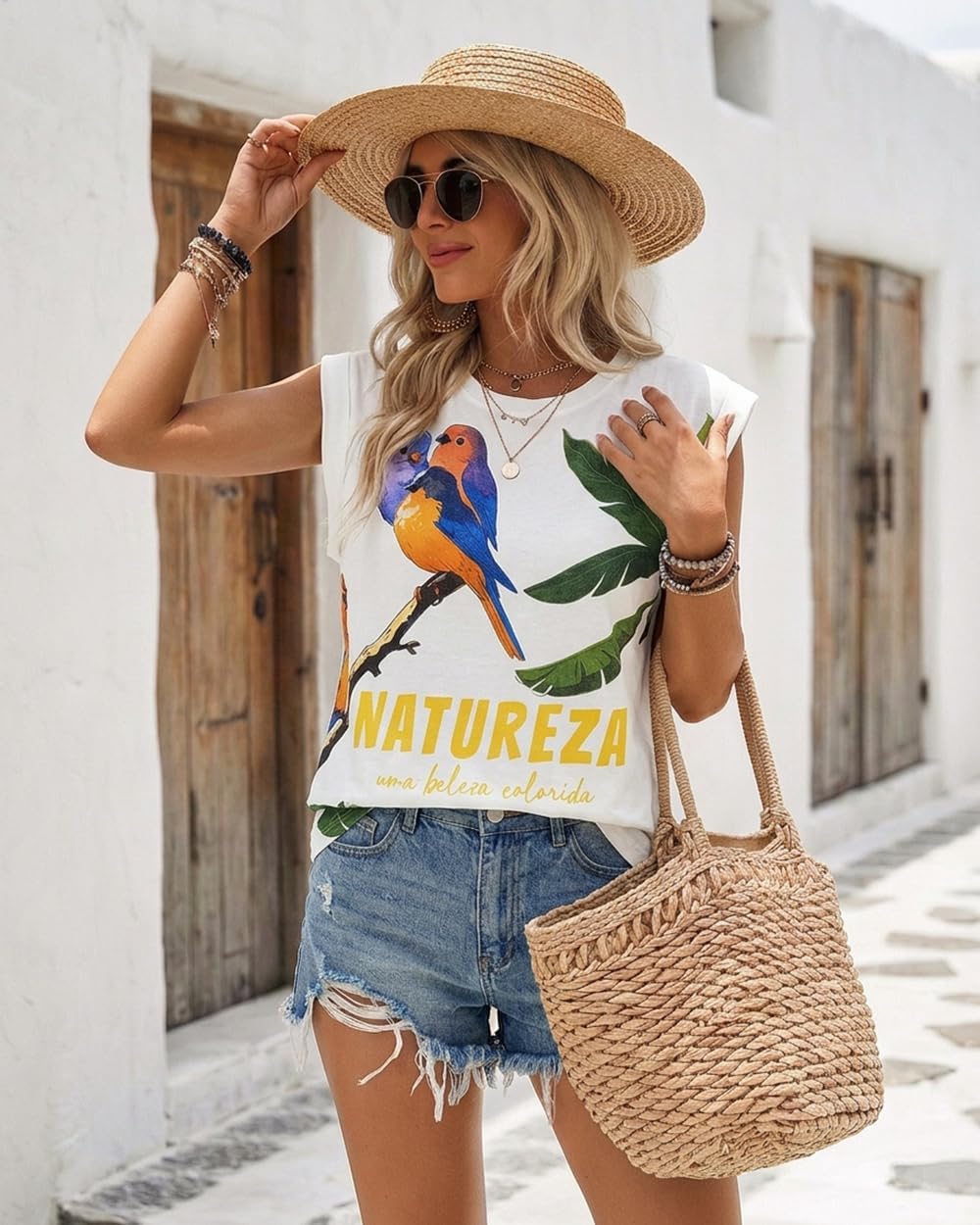 CHICME Womens Graphic Tees Summer Tops for Women Letter Print T Shirts Crewneck Short Sleeve Tropical Vacation Outfits Boho image 2