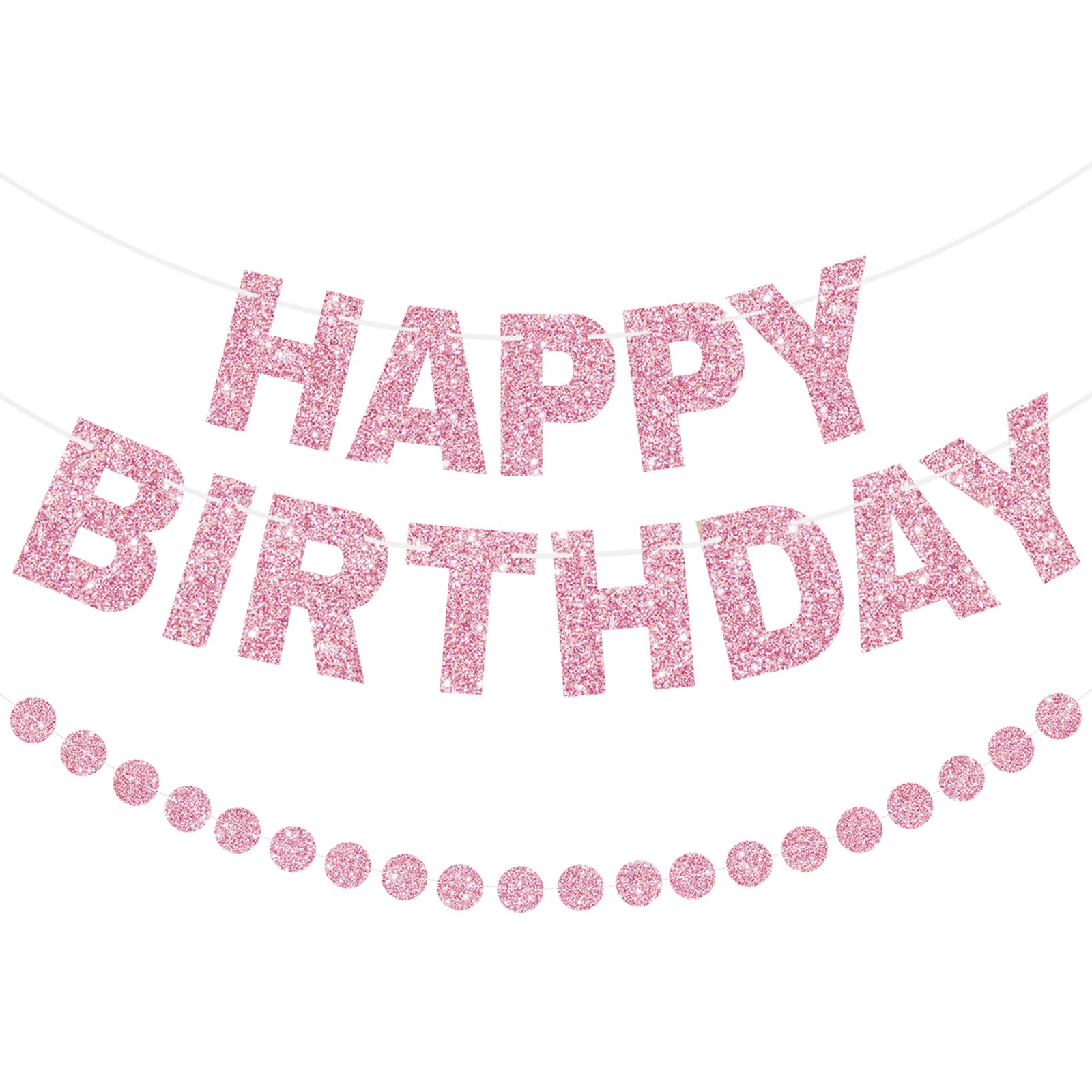 G2PLUS Glitter Happy Birthday Banner with Circle Dot Garland: Pink Birthday Decorations, Party Decorations for Men, Women, Boys and Girls