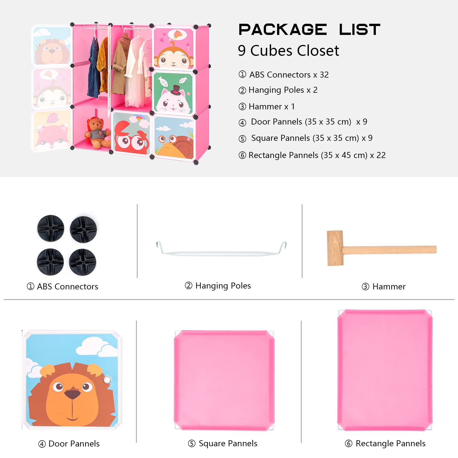 BRIAN & DANY Meuble Rangement Enfant avec Motifs d'animaux, Support de Rangement, Armoires Etagères Plastiques, Armoire de Rangement Bricolage (Rose, 110 x 47 x 110 cm)